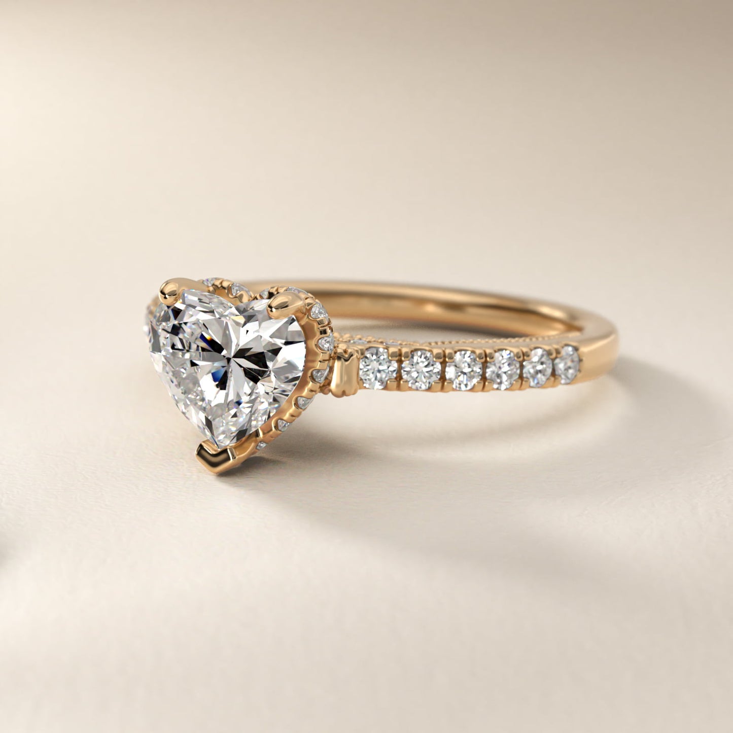 Lace Bridge Hidden Halo and Pave Diamond Engagement Ring in 14k Yellow Gold (1/3 ct. tw.) - Heart Center
