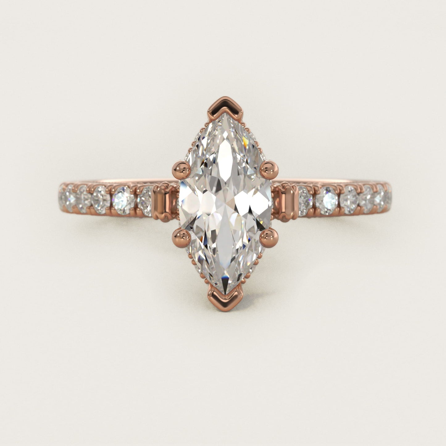 Lace Bridge Hidden Halo and Pave Diamond Engagement Ring in 18k Rose Gold (1/3 ct. tw.) - Marquise Center