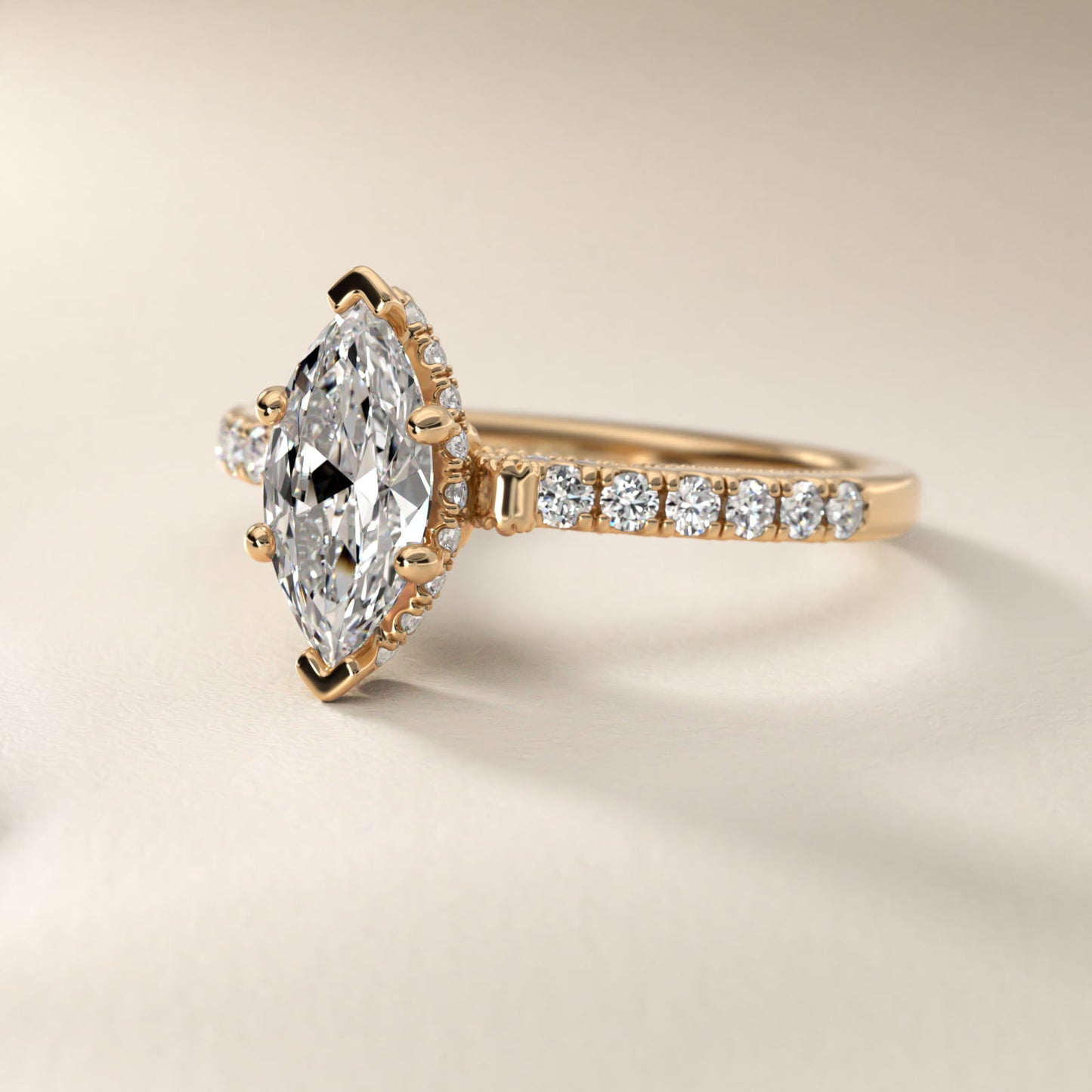 Lace Bridge Hidden Halo and Pave Diamond Engagement Ring in 18k Yellow Gold (1/3 ct. tw.) - Marquise Center