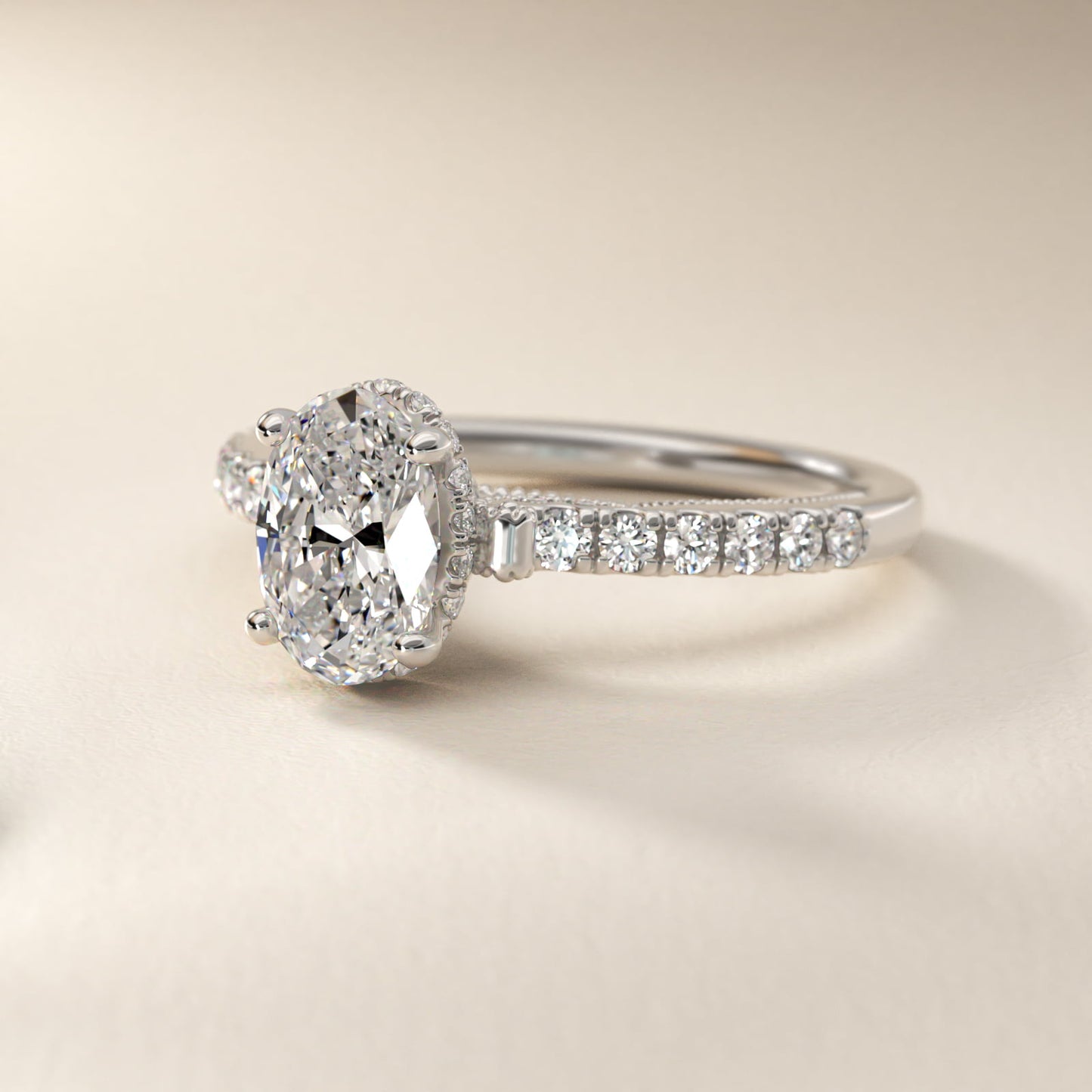 Lace Bridge Hidden Halo and Pave Diamond Engagement Ring in 14k White Gold (1/3 ct. tw.) - Oval Center