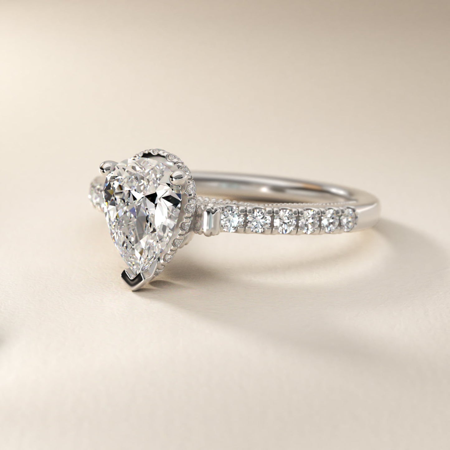Lace Bridge Hidden Halo and Pave Diamond Engagement Ring in 14k White Gold (1/3 ct. tw.) - Pear Center