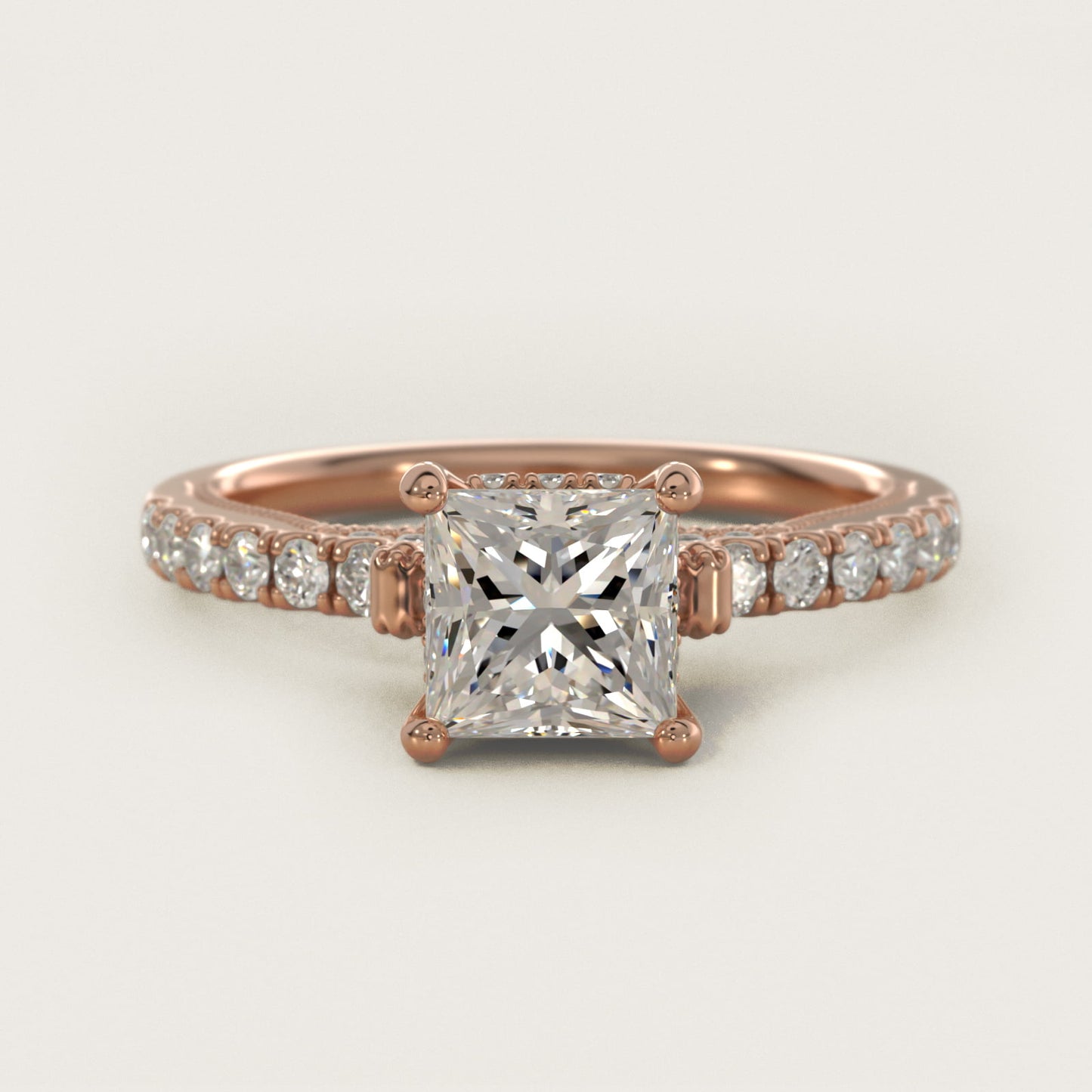 Lace Bridge Hidden Halo and Pave Diamond Engagement Ring in 14k Rose Gold (1/3 ct. tw.) - Princess Center