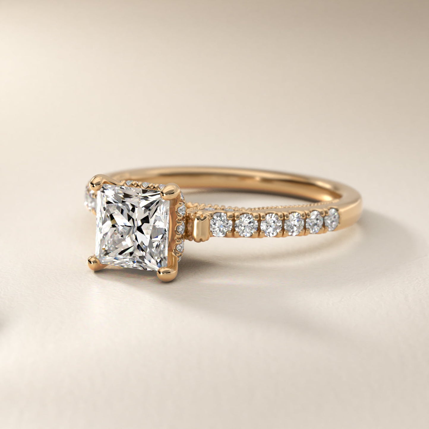 Lace Bridge Hidden Halo and Pave Diamond Engagement Ring in 18k Yellow Gold (1/3 ct. tw.) - Princess Center