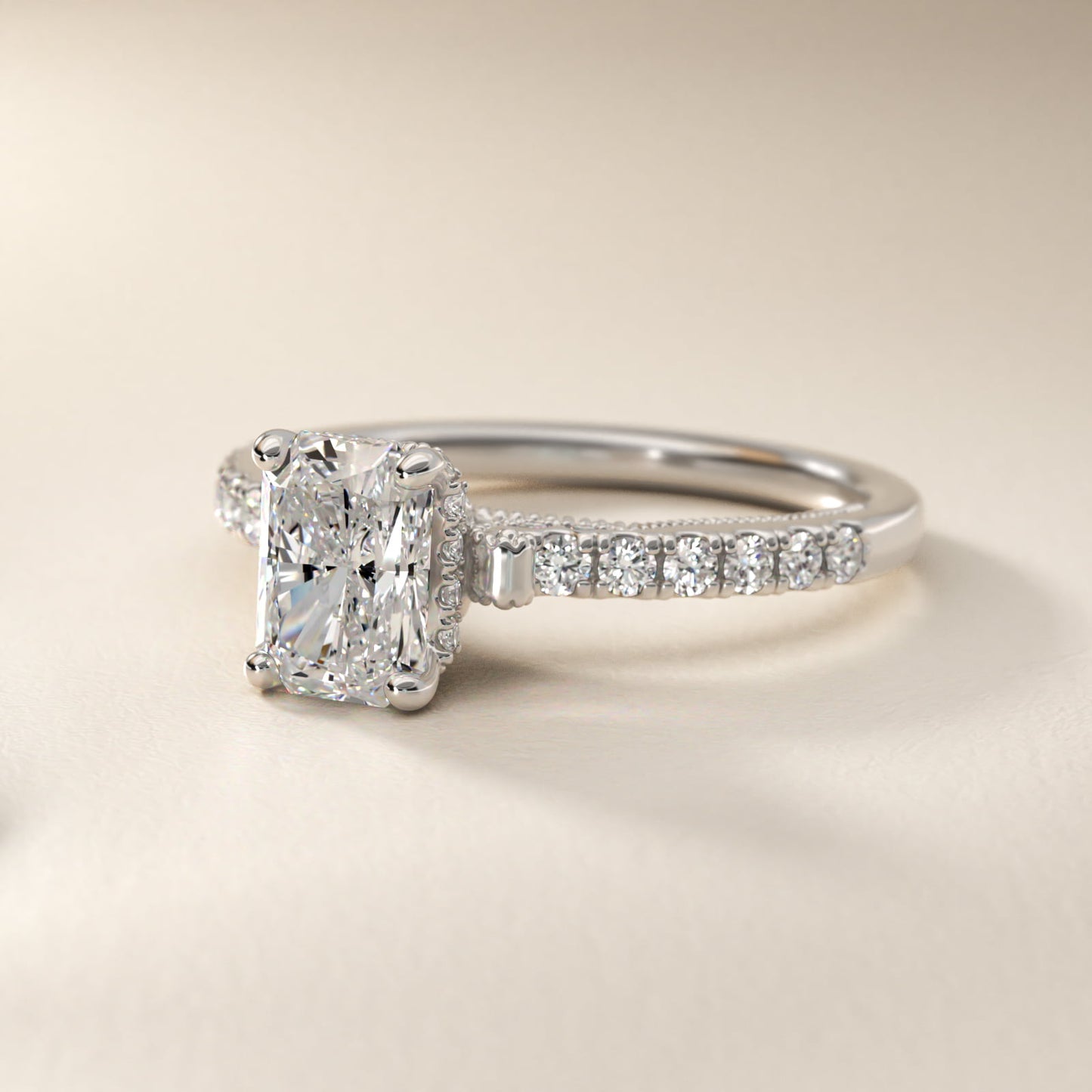 Lace Bridge Hidden Halo and Pave Diamond Engagement Ring in 14k White Gold (1/3 ct. tw.) - Radiant Center