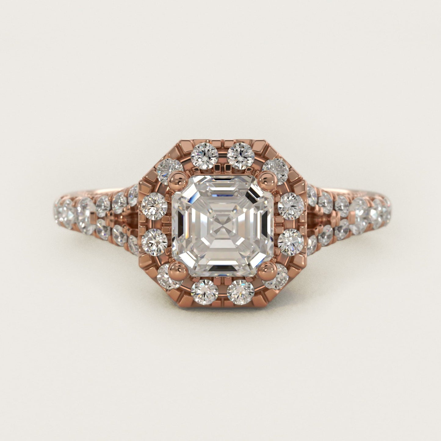 Lace Bridge Split Shank Halo Diamond Engagement Ring in 18k Rose Gold (3/4 ct. tw.) - Asscher Center