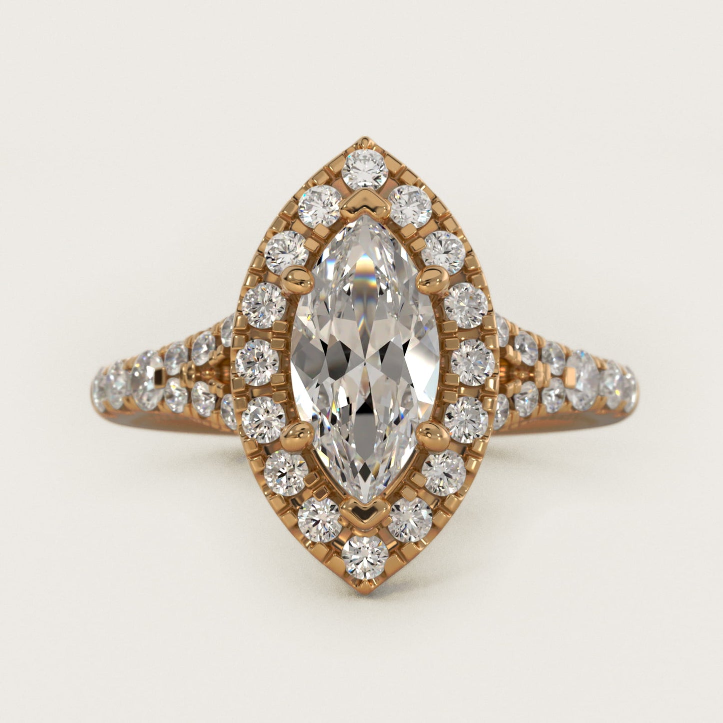 Lace Bridge Split Shank Halo Diamond Engagement Ring in 14k Yellow Gold (3/4 ct. tw.) - Marquise Center