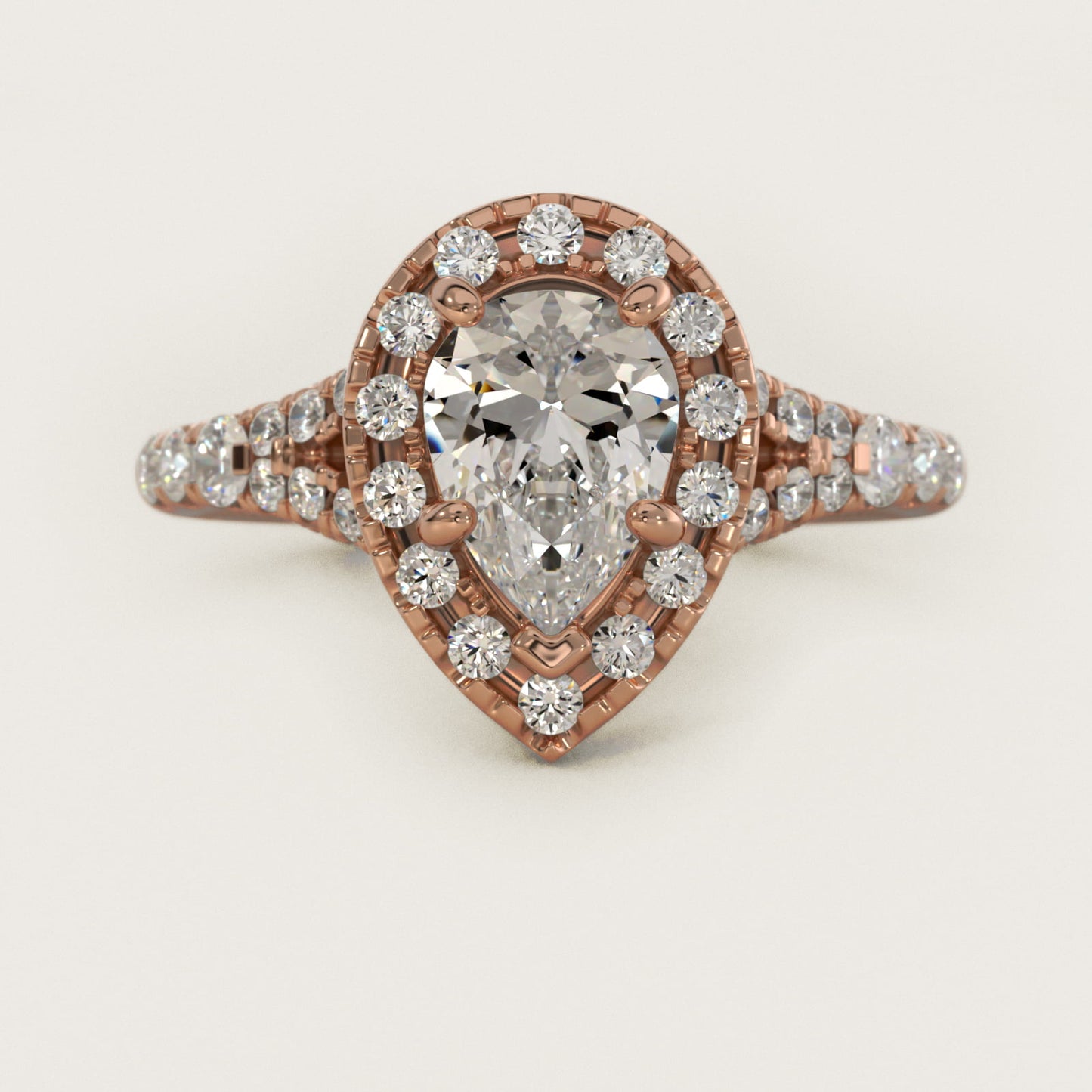 Lace Bridge Split Shank Halo Diamond Engagement Ring in 14k Rose Gold (3/4 ct. tw.) - Pear Center