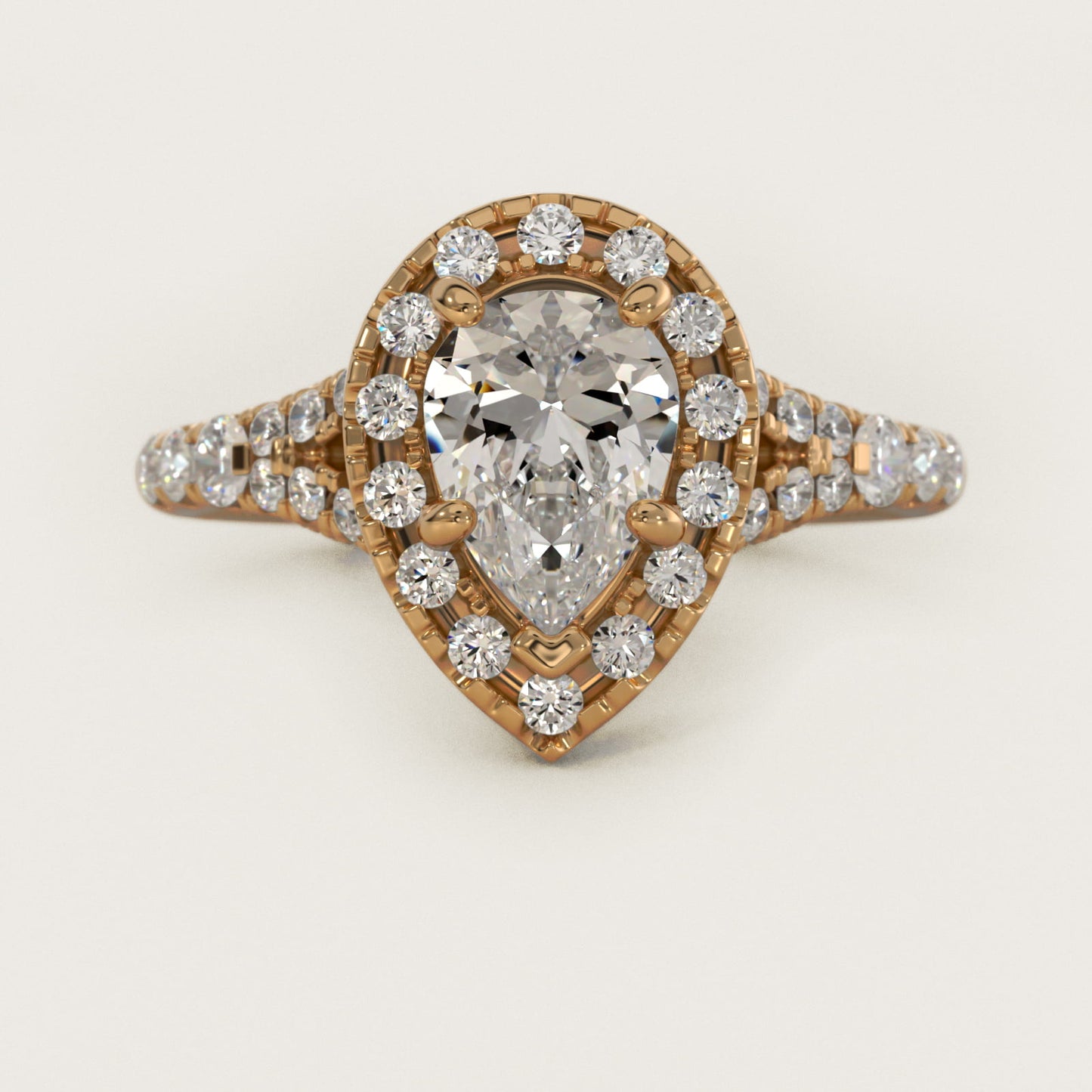 Lace Bridge Split Shank Halo Diamond Engagement Ring in 14k Yellow Gold (3/4 ct. tw.) - Pear Center