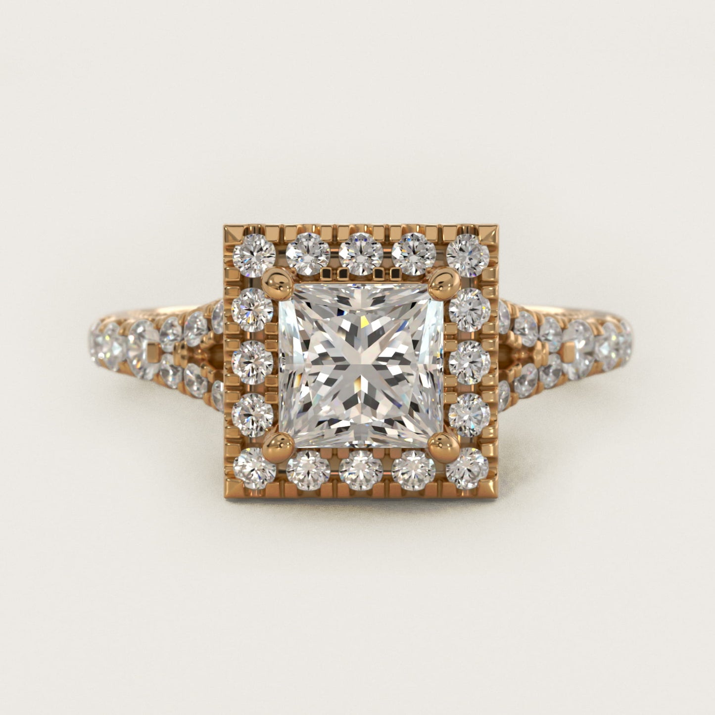 Lace Bridge Split Shank Halo Diamond Engagement Ring in 14k Yellow Gold (3/4 ct. tw.) - Princess Center