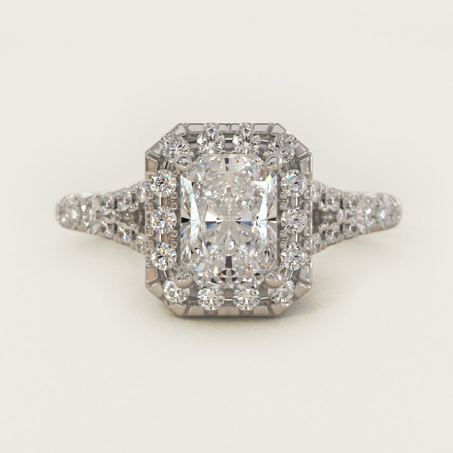 Lace Bridge Split Shank Halo Diamond Engagement Ring in 14k White Gold (3/4 ct. tw.) - Radiant Center