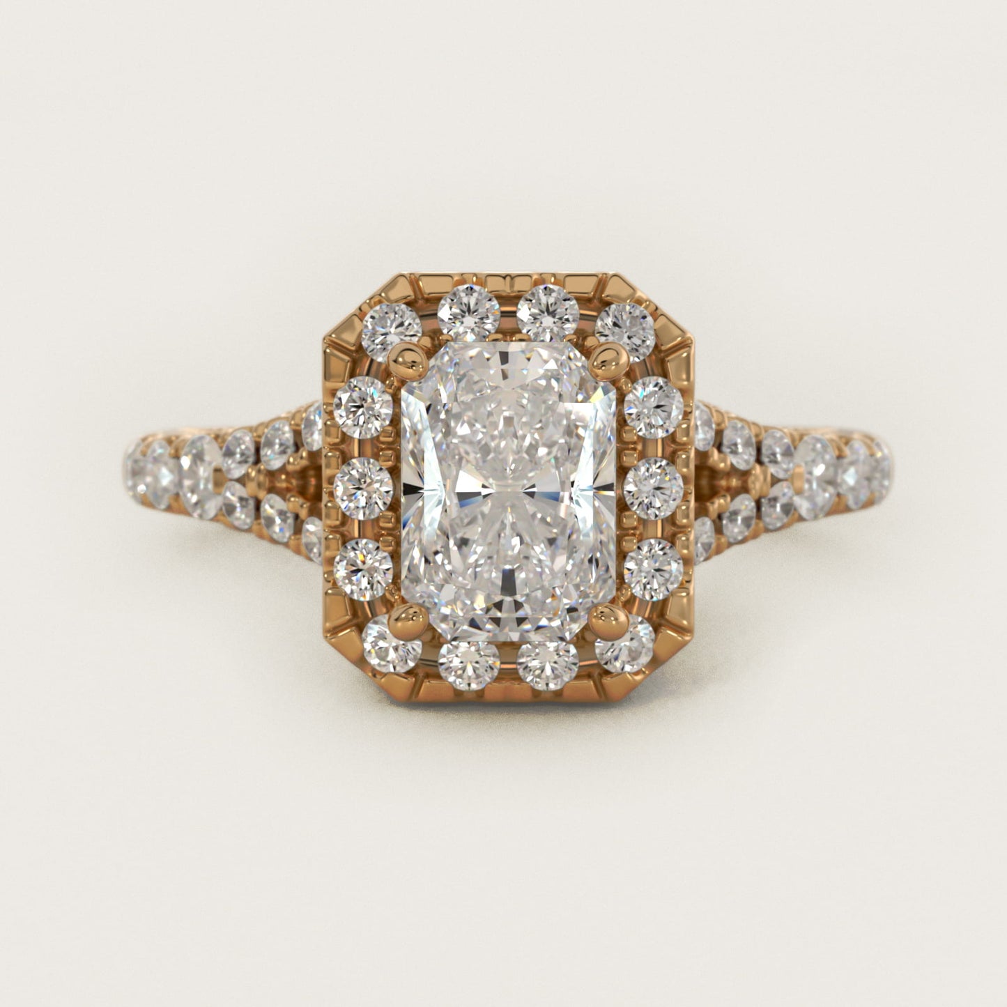Lace Bridge Split Shank Halo Diamond Engagement Ring in 14k Yellow Gold (3/4 ct. tw.) - Radiant Center