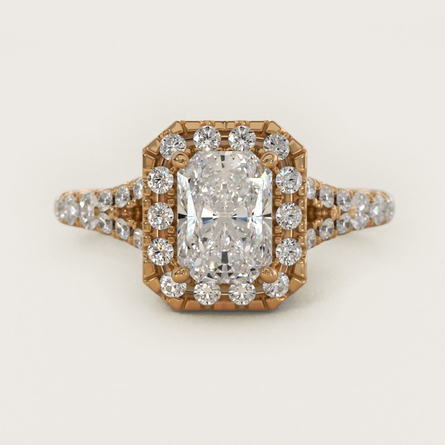Lace Bridge Split Shank Halo Diamond Engagement Ring in 18k Yellow Gold (3/4 ct. tw.) - Radiant Center