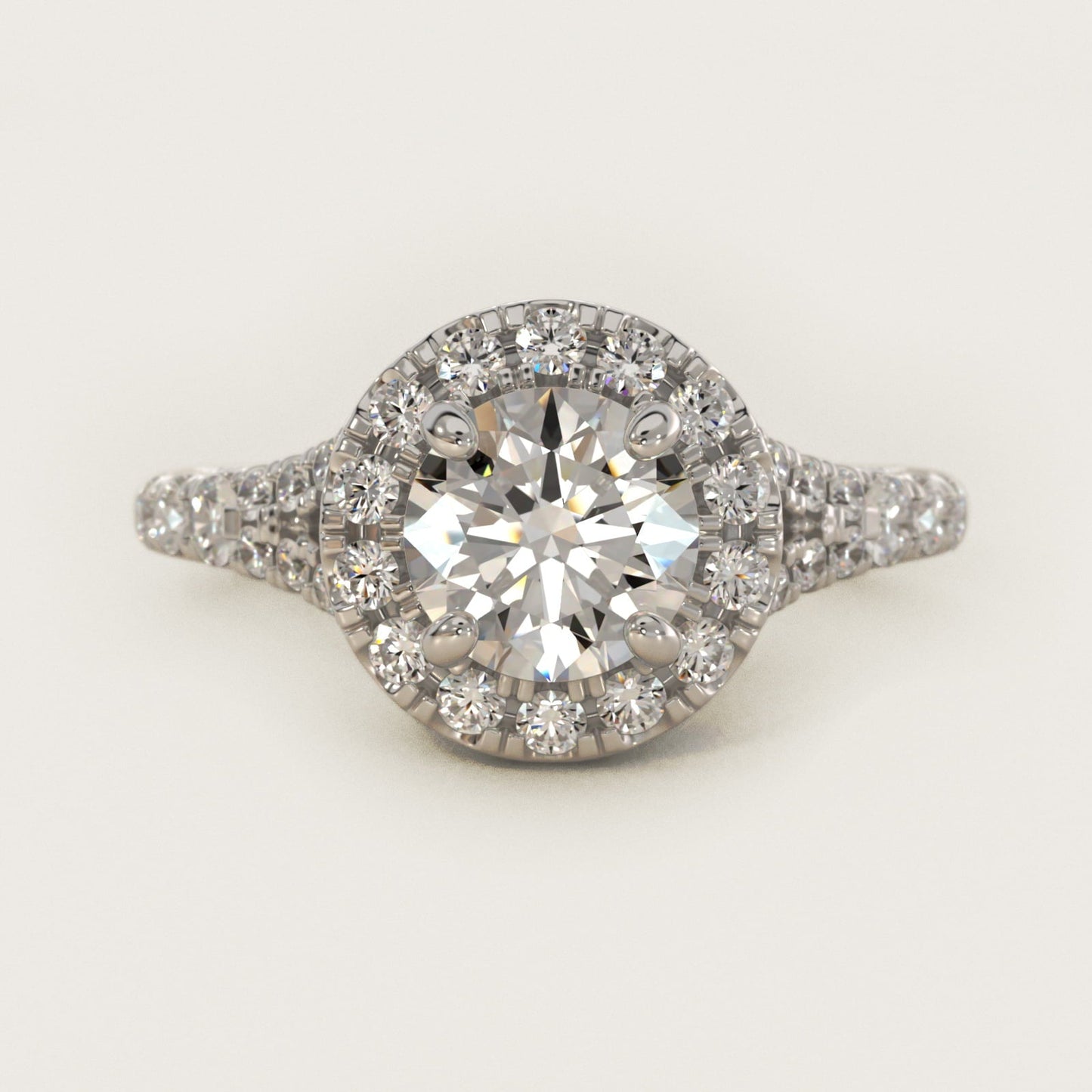 Lace Bridge Split Shank Halo Diamond Engagement Ring in 18k White Gold (3/4 ct. tw.) - Round Center