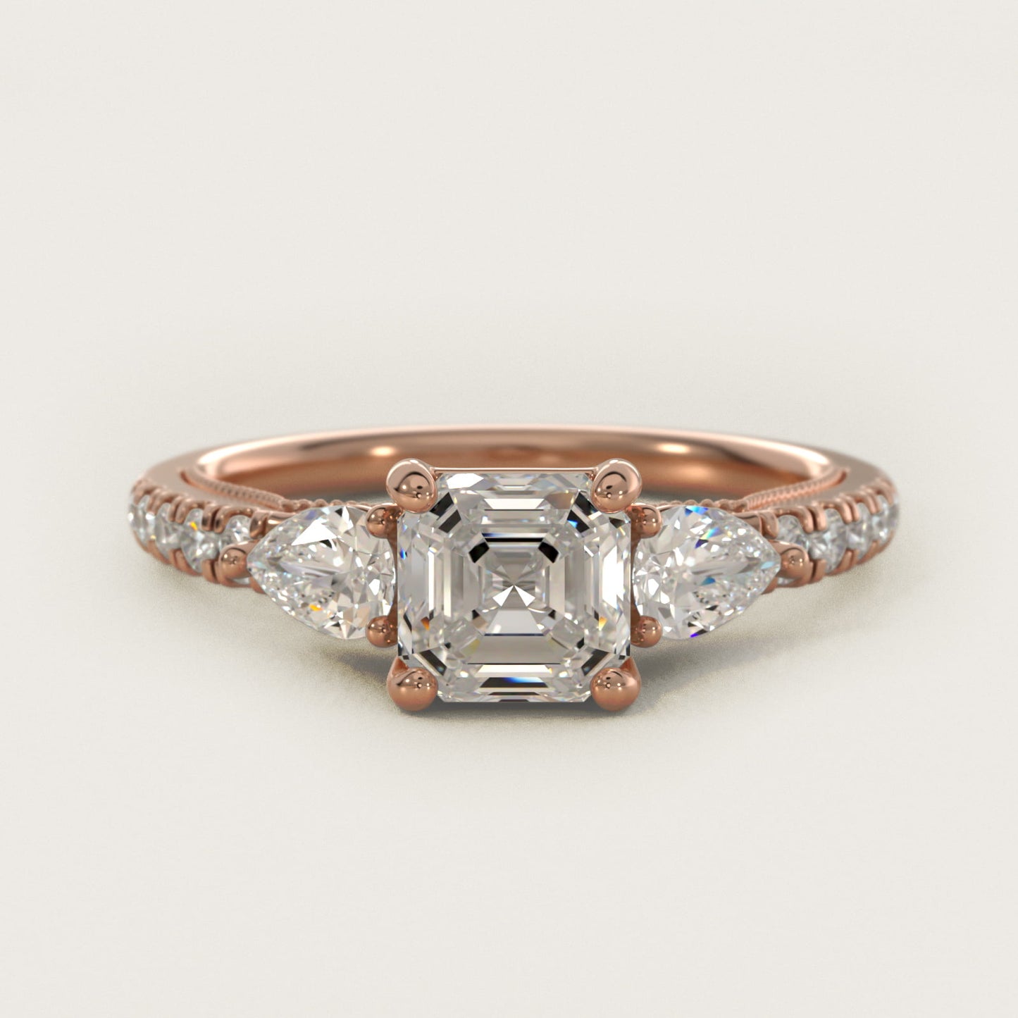 Lace Bridge Three Stone and Pave Diamond Engagement Ring in 18k Rose Gold (1/2 ct. t.w) - Asscher Center
