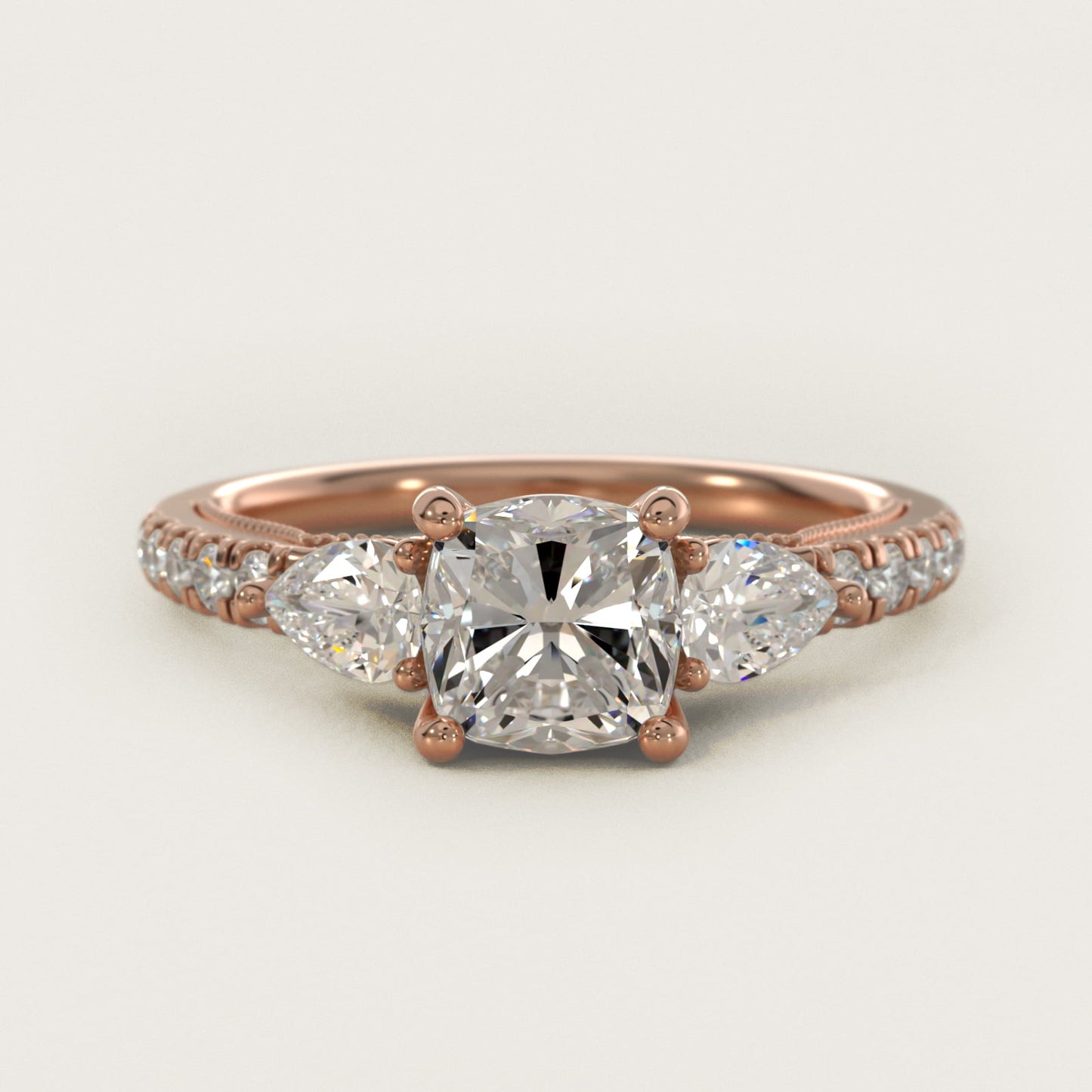 Lace Bridge Three Stone and Pave Diamond Engagement Ring in 18k Rose Gold (1/2 ct. t.w) - Cushion Center