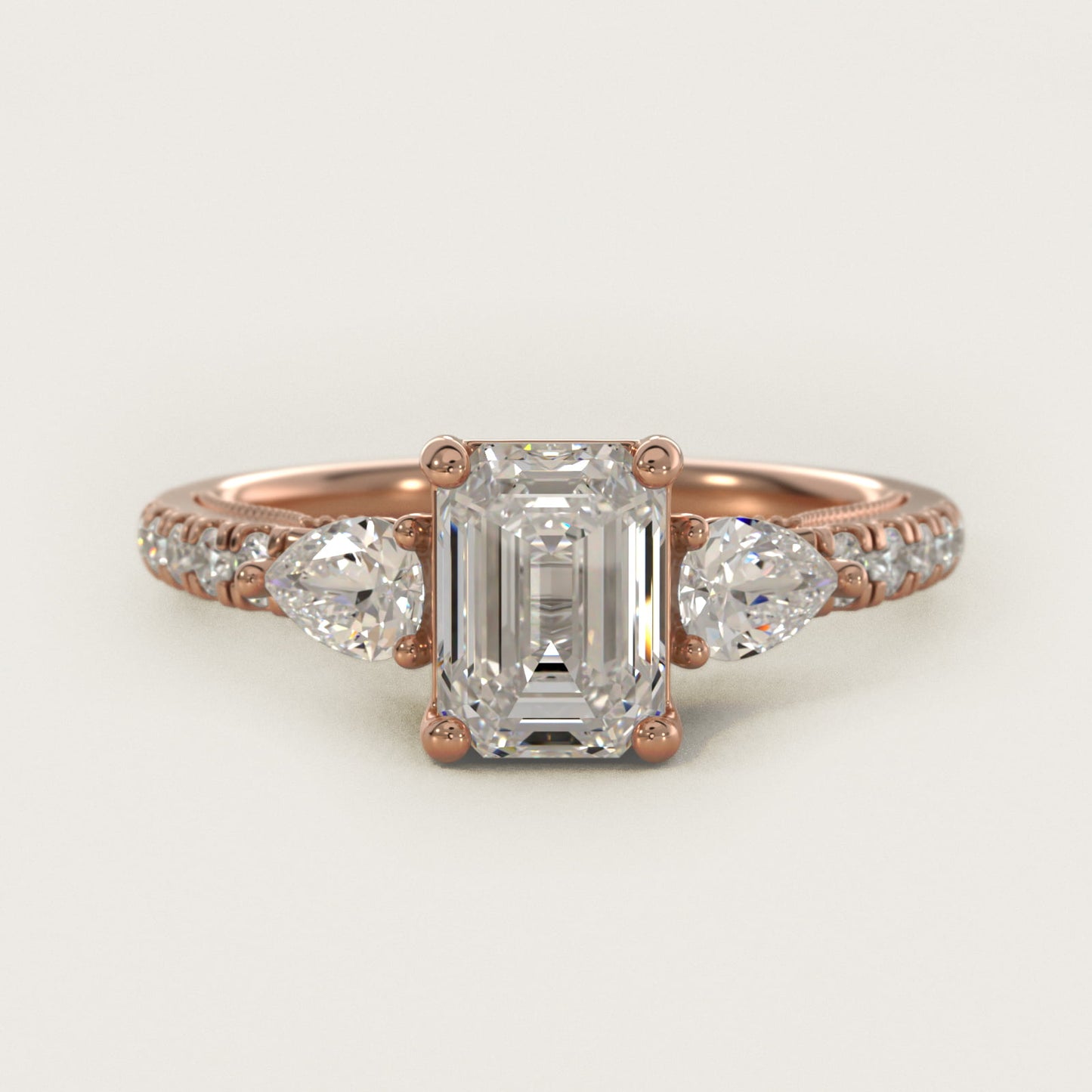 Lace Bridge Three Stone and Pave Diamond Engagement Ring in 14k Rose Gold (1/2 ct. t.w) - Emerald Center