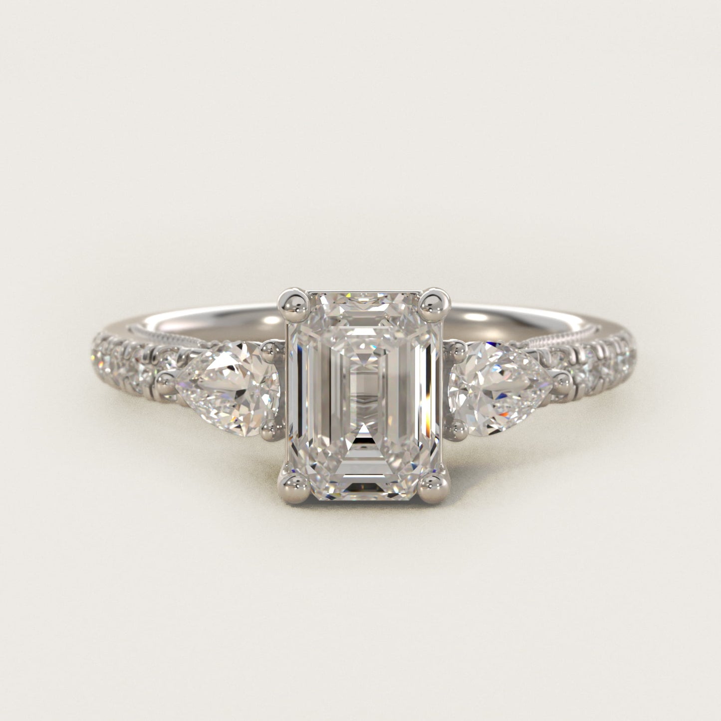Lace Bridge Three Stone and Pave Diamond Engagement Ring in 14k White Gold (1/2 ct. t.w) - Emerald Center