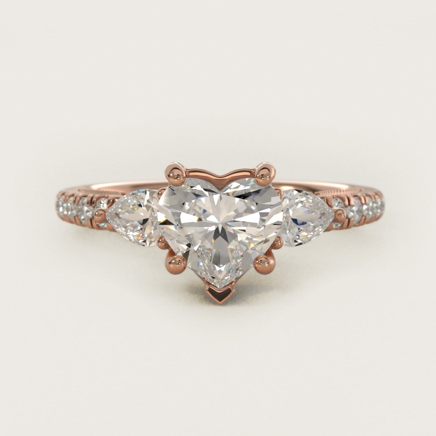 Lace Bridge Three Stone and Pave Diamond Engagement Ring in 18k Rose Gold (1/2 ct. t.w) - Heart Center