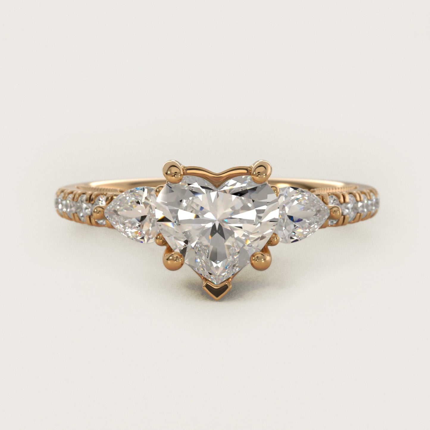 Lace Bridge Three Stone and Pave Diamond Engagement Ring in 18k Yellow Gold (1/2 ct. t.w) - Heart Center