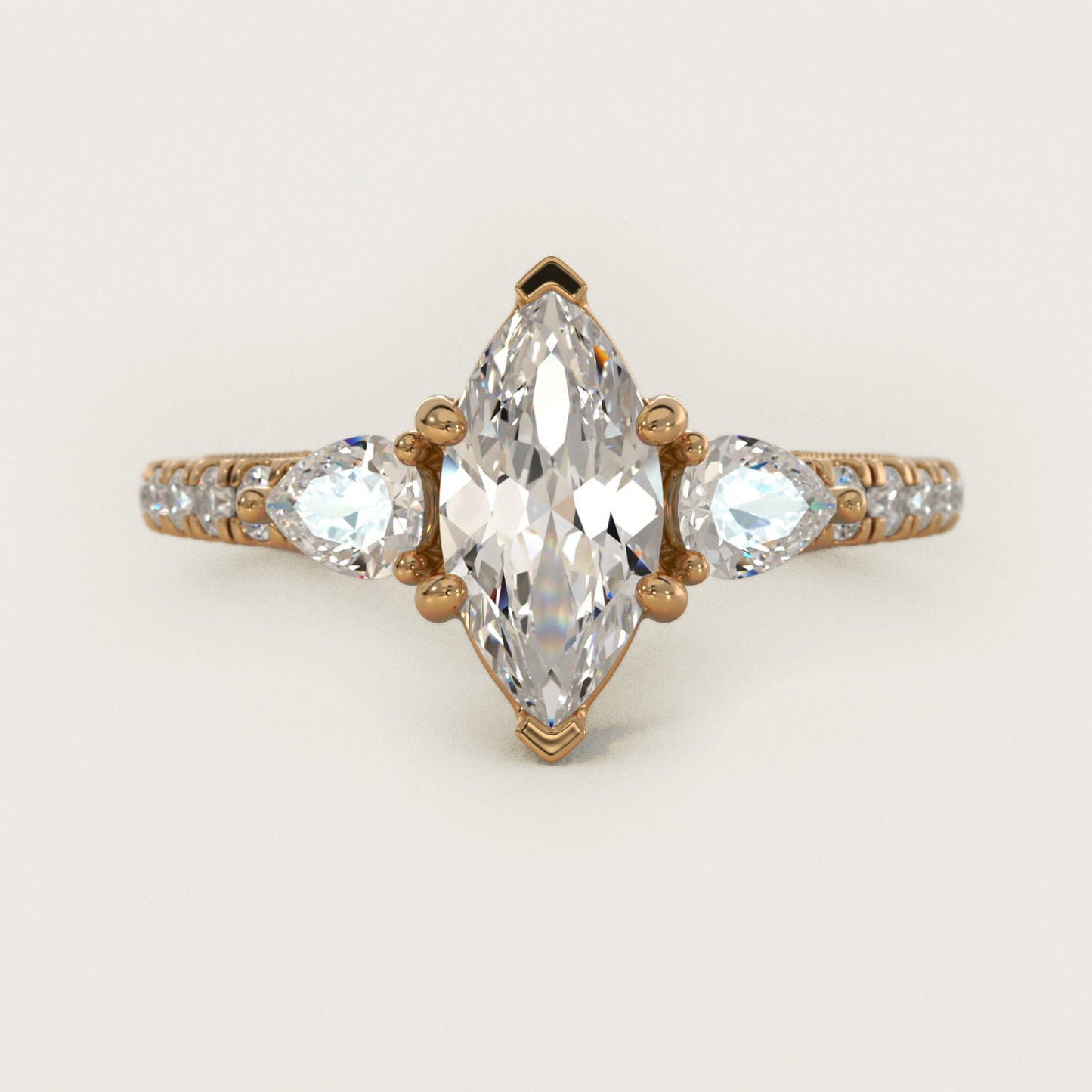 Lace Bridge Three Stone and Pave Diamond Engagement Ring in 18k Yellow Gold (1/2 ct. t.w) - Marquise Center