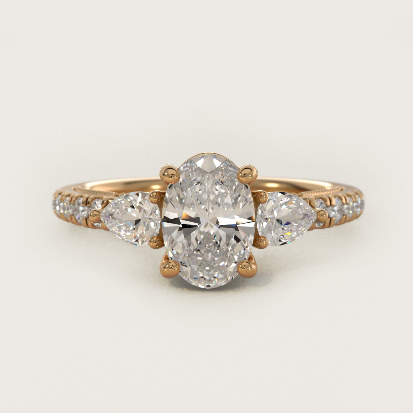 Lace Bridge Three Stone and Pave Diamond Engagement Ring in 14k Yellow Gold (1/2 ct. t.w) - Oval Center