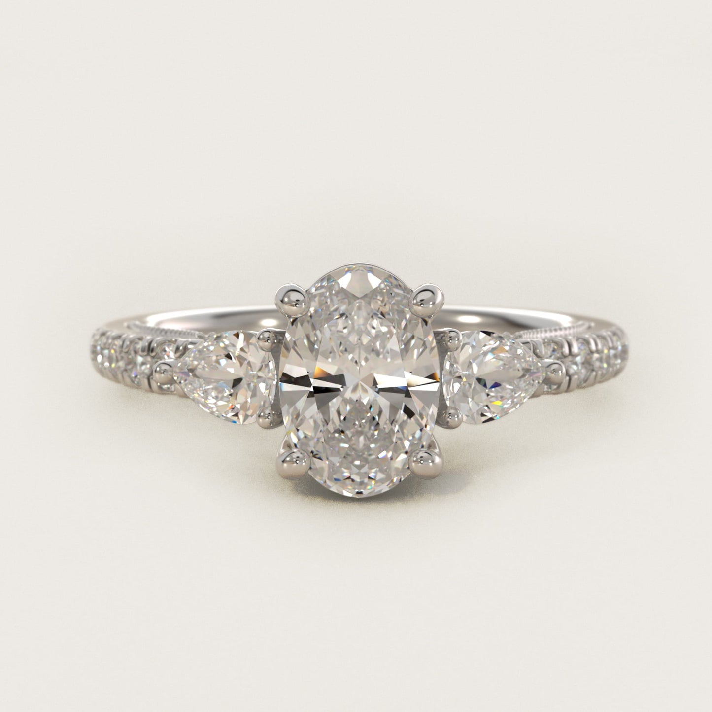 Lace Bridge Three Stone and Pave Diamond Engagement Ring in Platinum (1/2 ct. t.w) - Oval Center