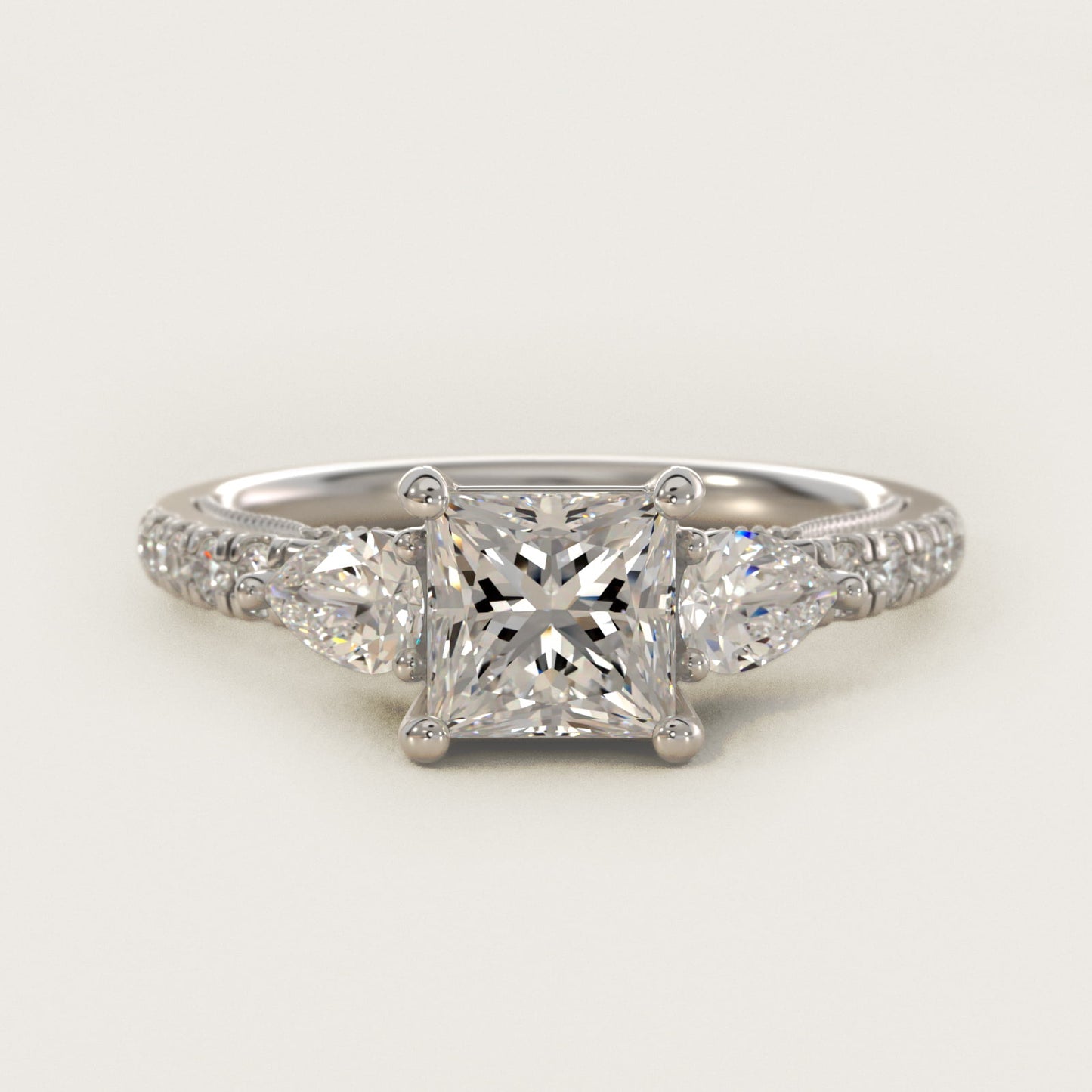 Lace Bridge Three Stone and Pave Diamond Engagement Ring in 18k White Gold (1/2 ct. t.w) - Princess Center