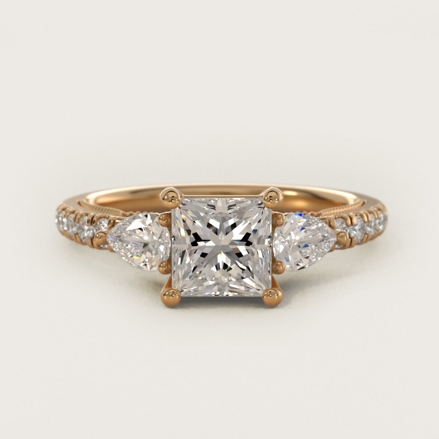 Lace Bridge Three Stone and Pave Diamond Engagement Ring in 14k Yellow Gold (1/2 ct. t.w) - Princess Center