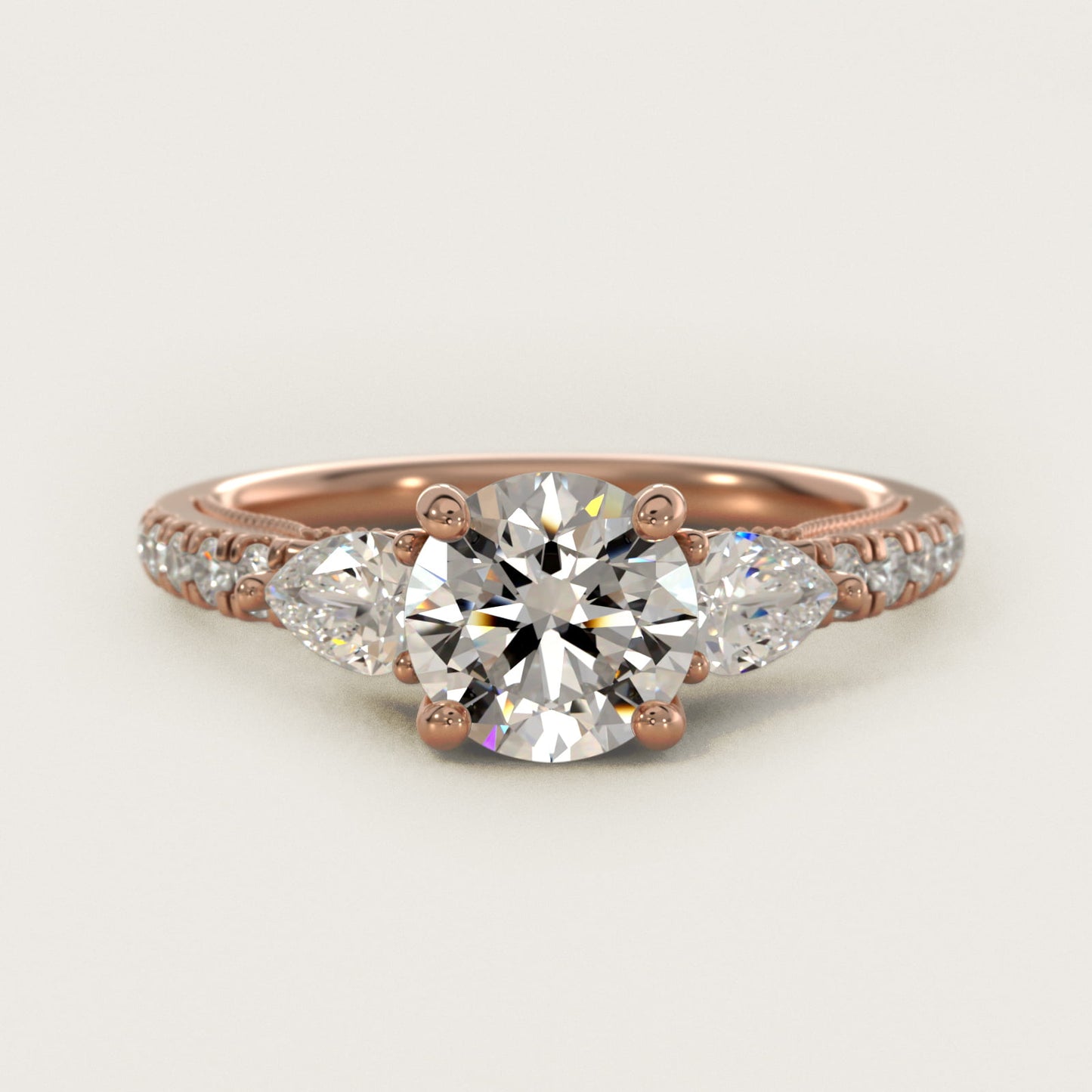 Lace Bridge Three Stone and Pave Diamond Engagement Ring in 14k Rose Gold (1/2 ct. t.w) - Round Center