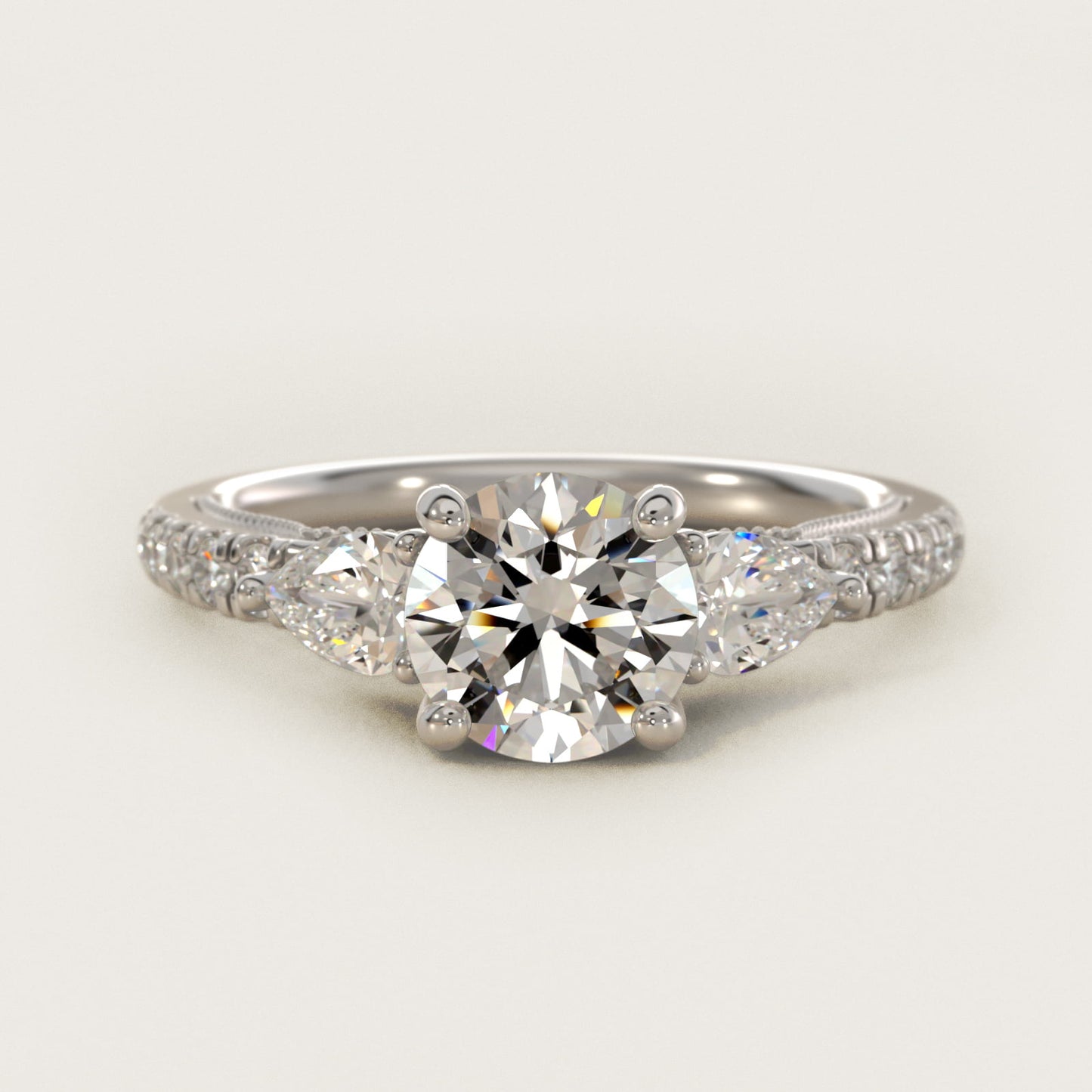 Lace Bridge Three Stone and Pave Diamond Engagement Ring in 14k White Gold (1/2 ct. t.w) - Round Center