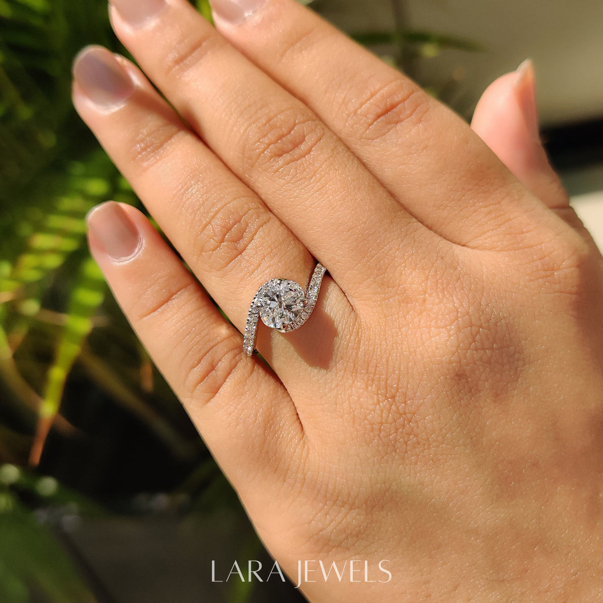 Lab grown oval engagement ring in Half Eternity Style, available in Silver. IGI certified, ethically sourced, handcrafted at Lara Jewels.