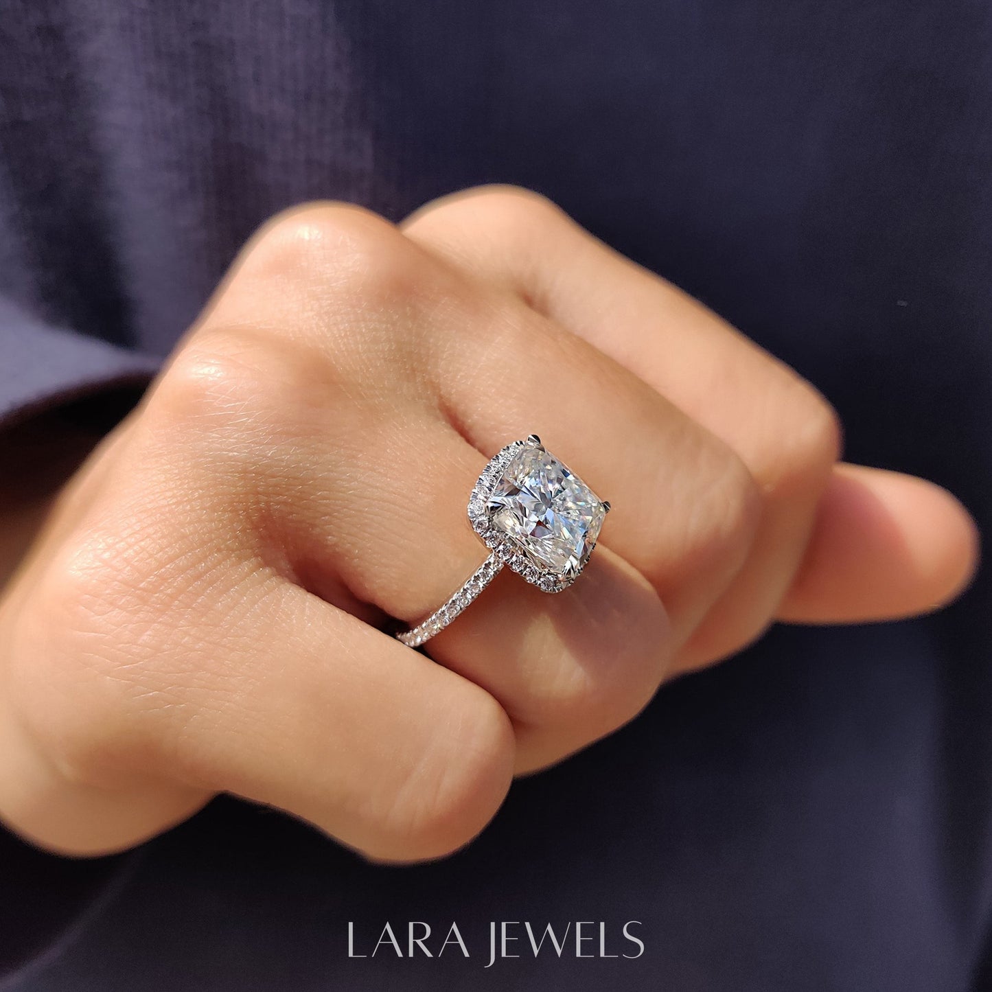 Lab grown cushion engagement ring in Halo Style, available in Silver. IGI certified, ethically sourced, handcrafted at Lara Jewels.