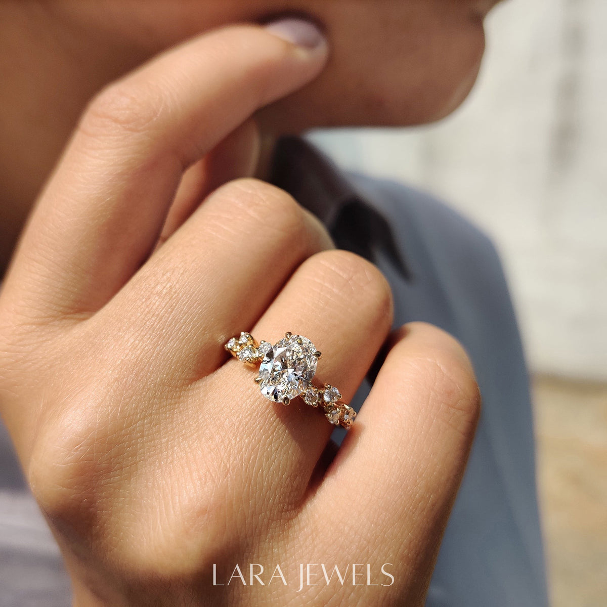 Lab grown oval engagement ring in Rose Gold, available in Silver. IGI certified, ethically sourced, handcrafted at Lara Jewels.