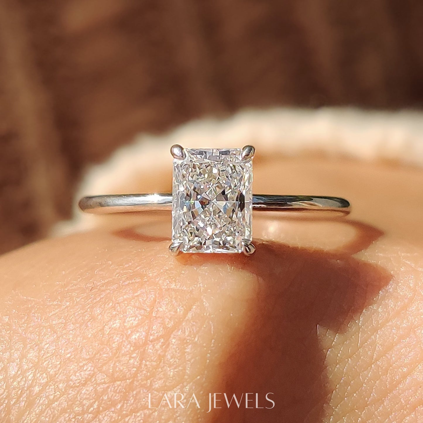 Lab grown radiant engagement ring in Lara Jewels setting, available in Silver. IGI certified, ethically sourced, handcrafted at Lara Jewels.