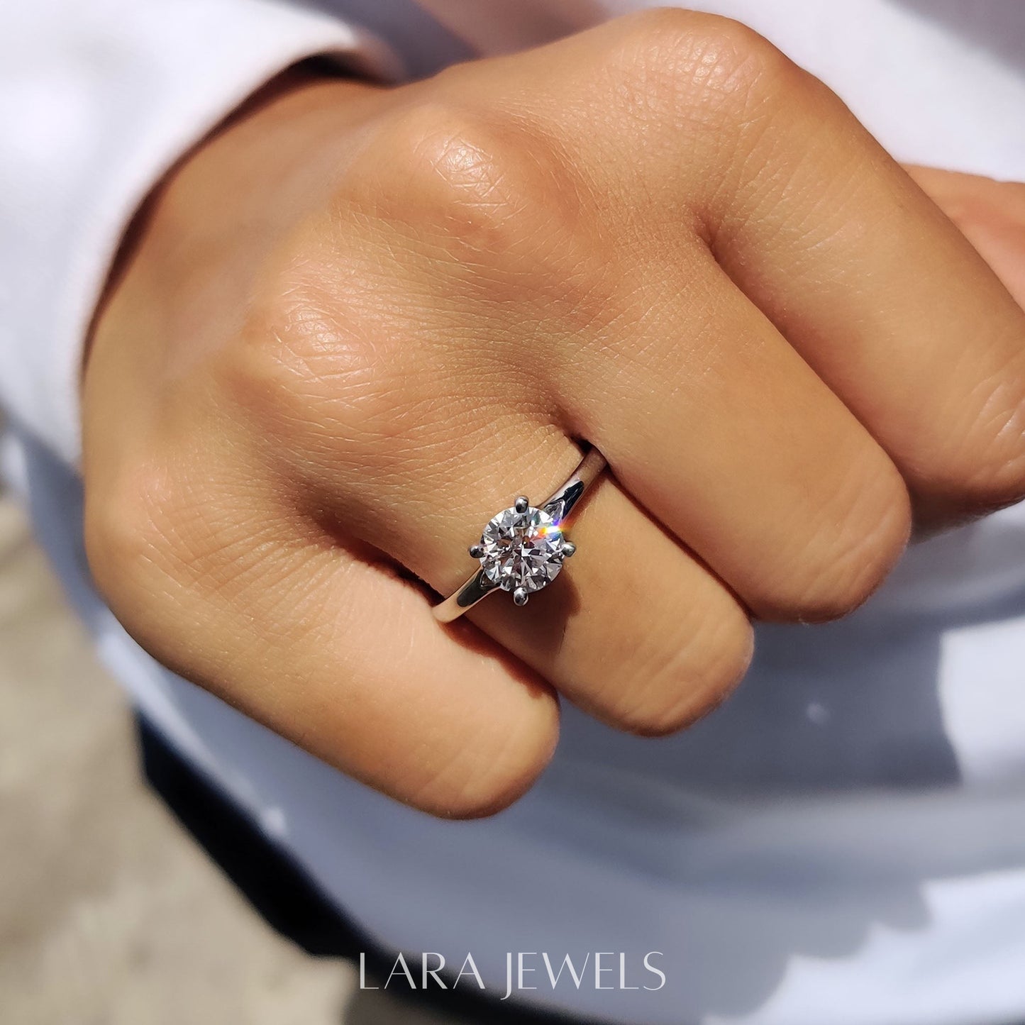 Lab grown diamond engagement ring in Lara Jewels setting, available in Silver. IGI certified, ethically sourced, handcrafted at Lara Jewels.