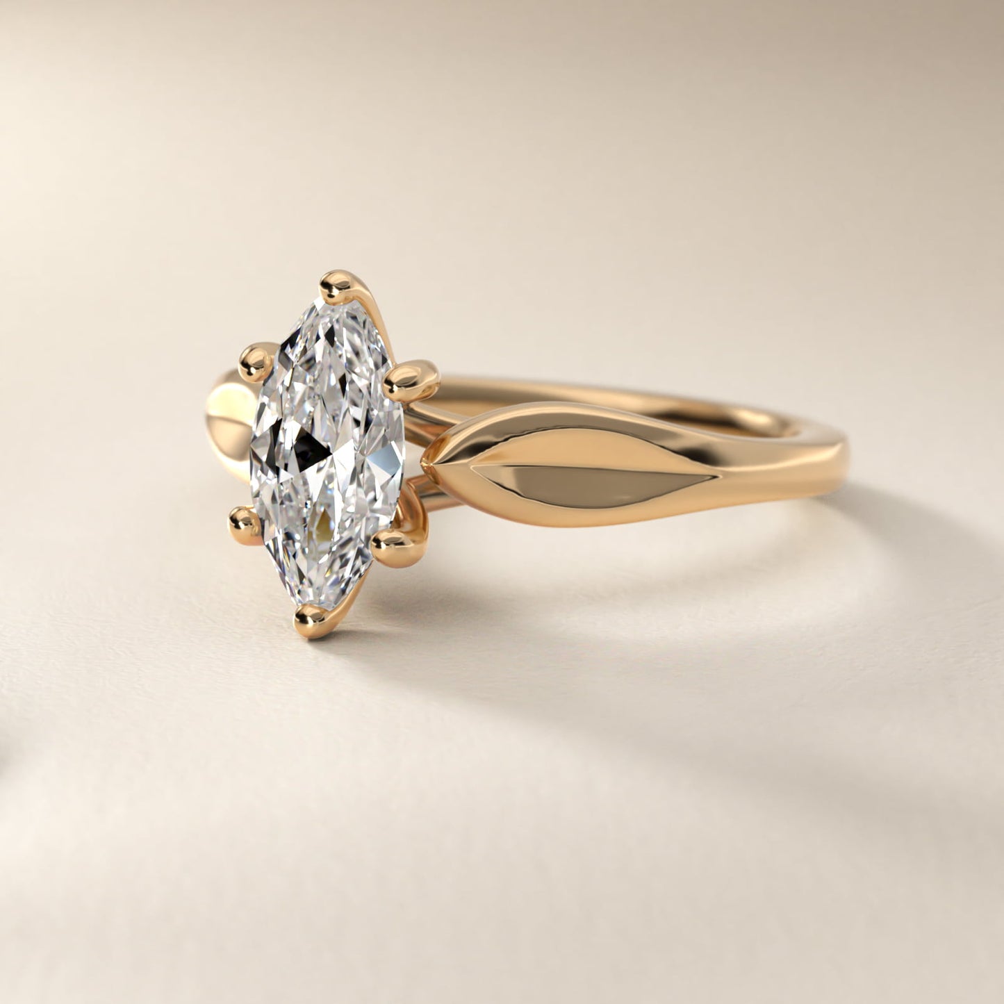 Leaf Solitaire Engagement Ring in 18k Yellow Gold - Marquise Center