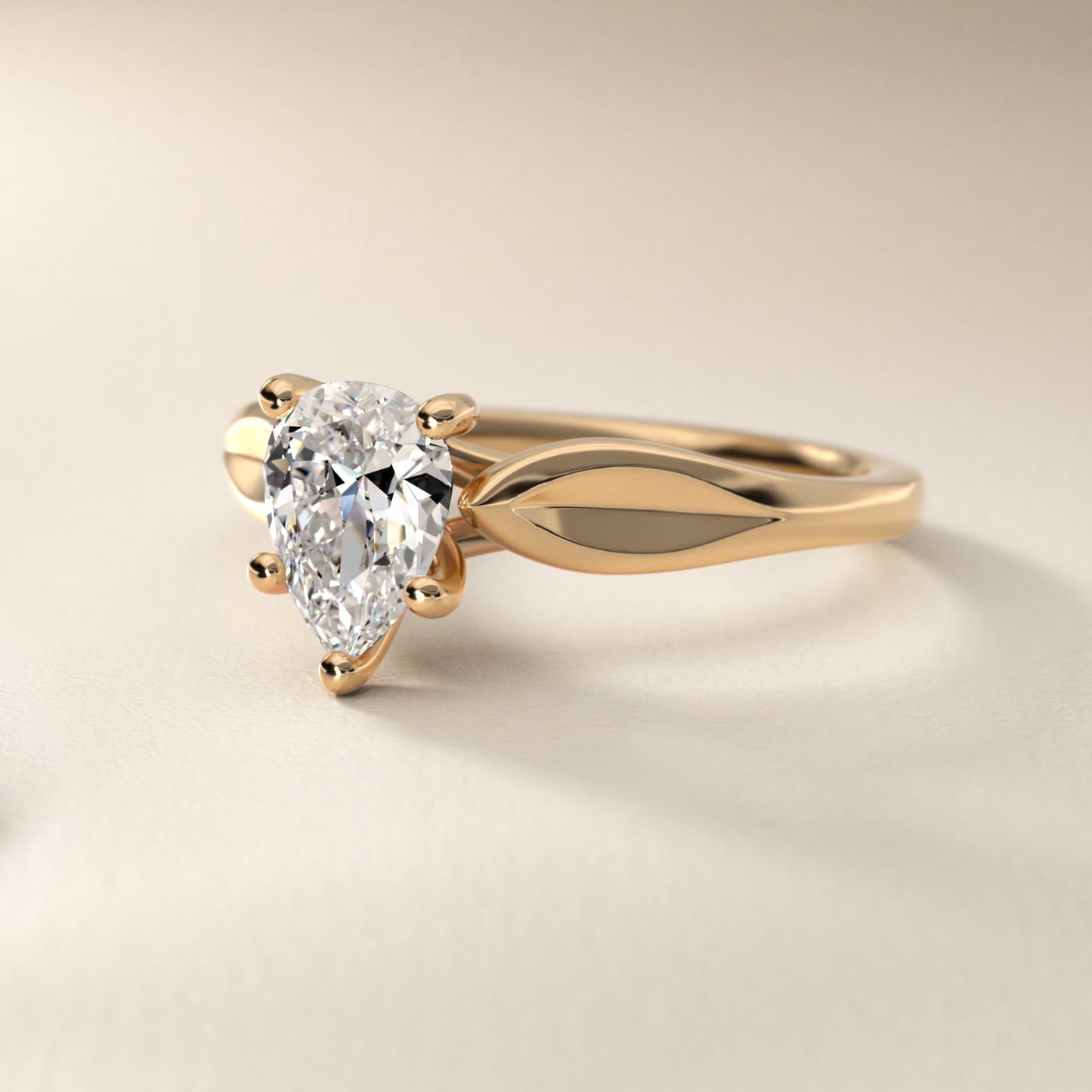 Leaf Solitaire Engagement Ring in 18k Yellow Gold - Pear Center