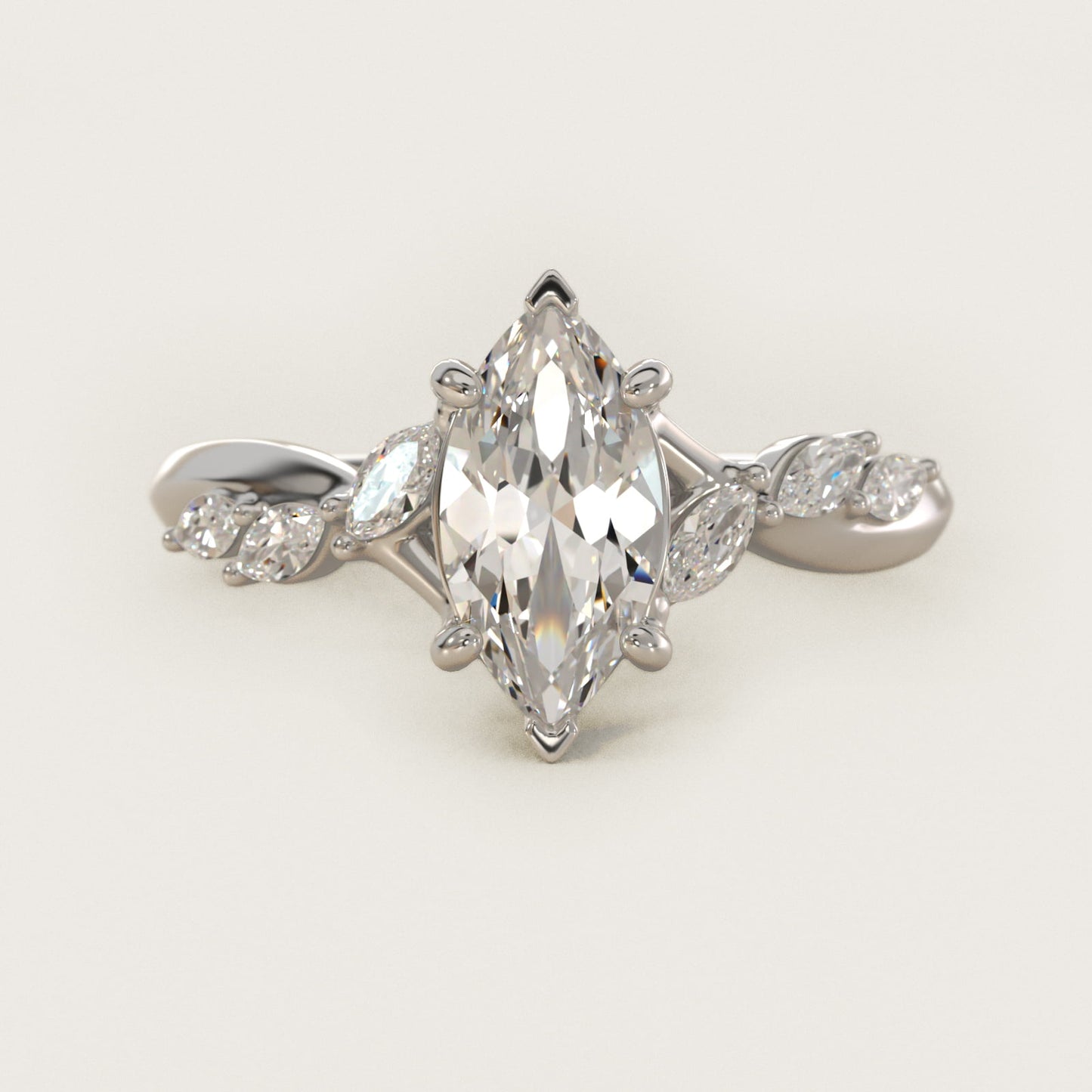 Leaf Vine Diamond Motif Side Stone Engagement Ring In 18k White Gold By James Allen - Marquise Center