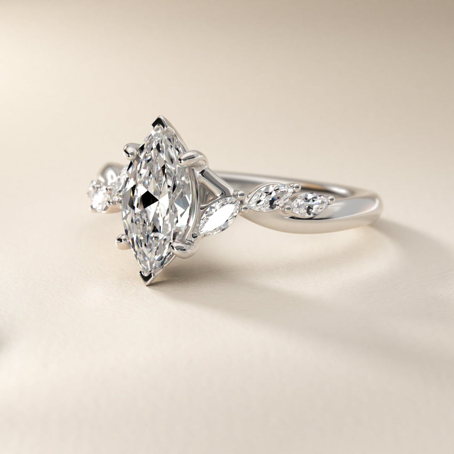 Leaf Vine Diamond Motif Side Stone Engagement Ring In Platinum By James Allen - Marquise Center