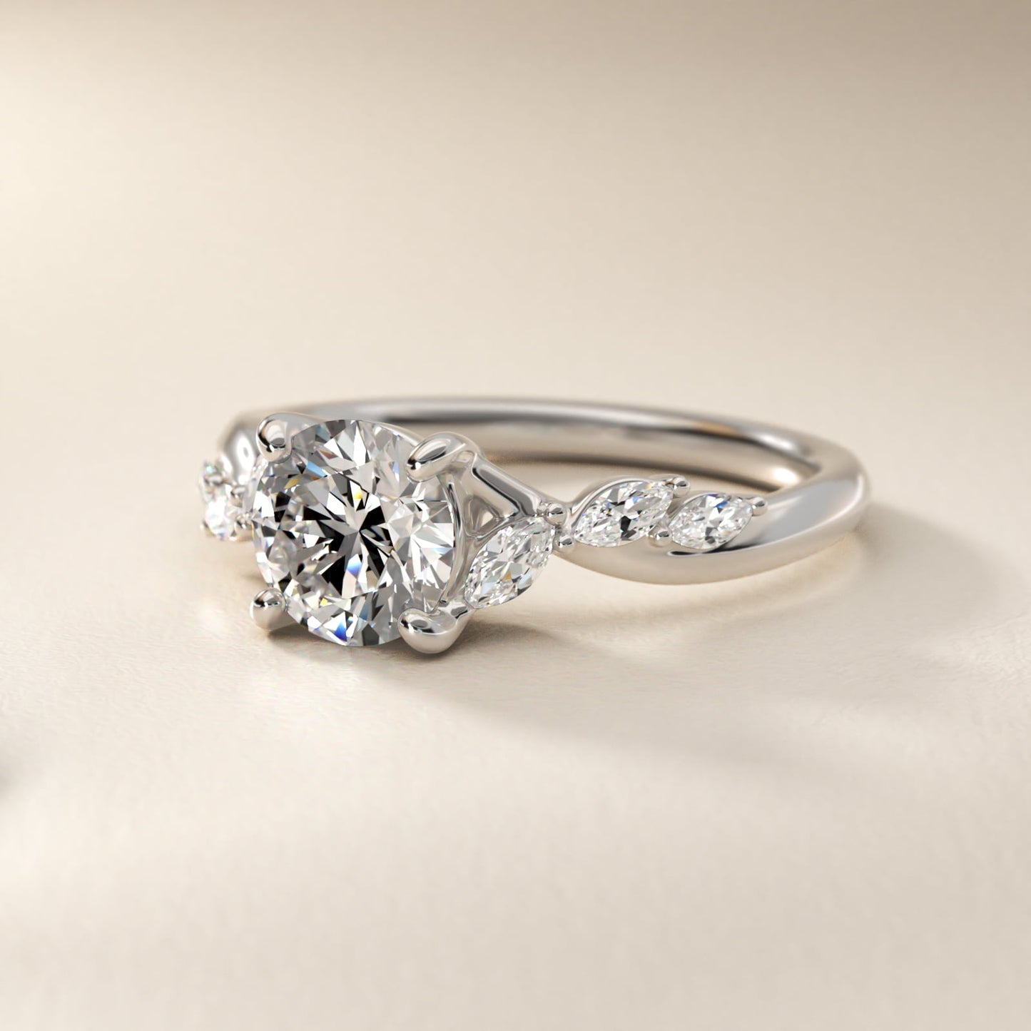Leaf Vine Diamond Motif Side Stone Engagement Ring In Platinum By James Allen - Round Center