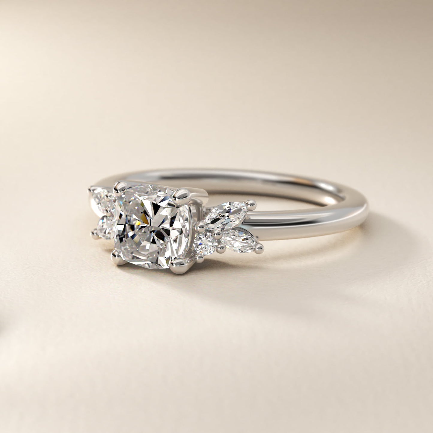 Marquise and Round Cluster Array Diamond Engagement Ring in Platinum - Cushion Center