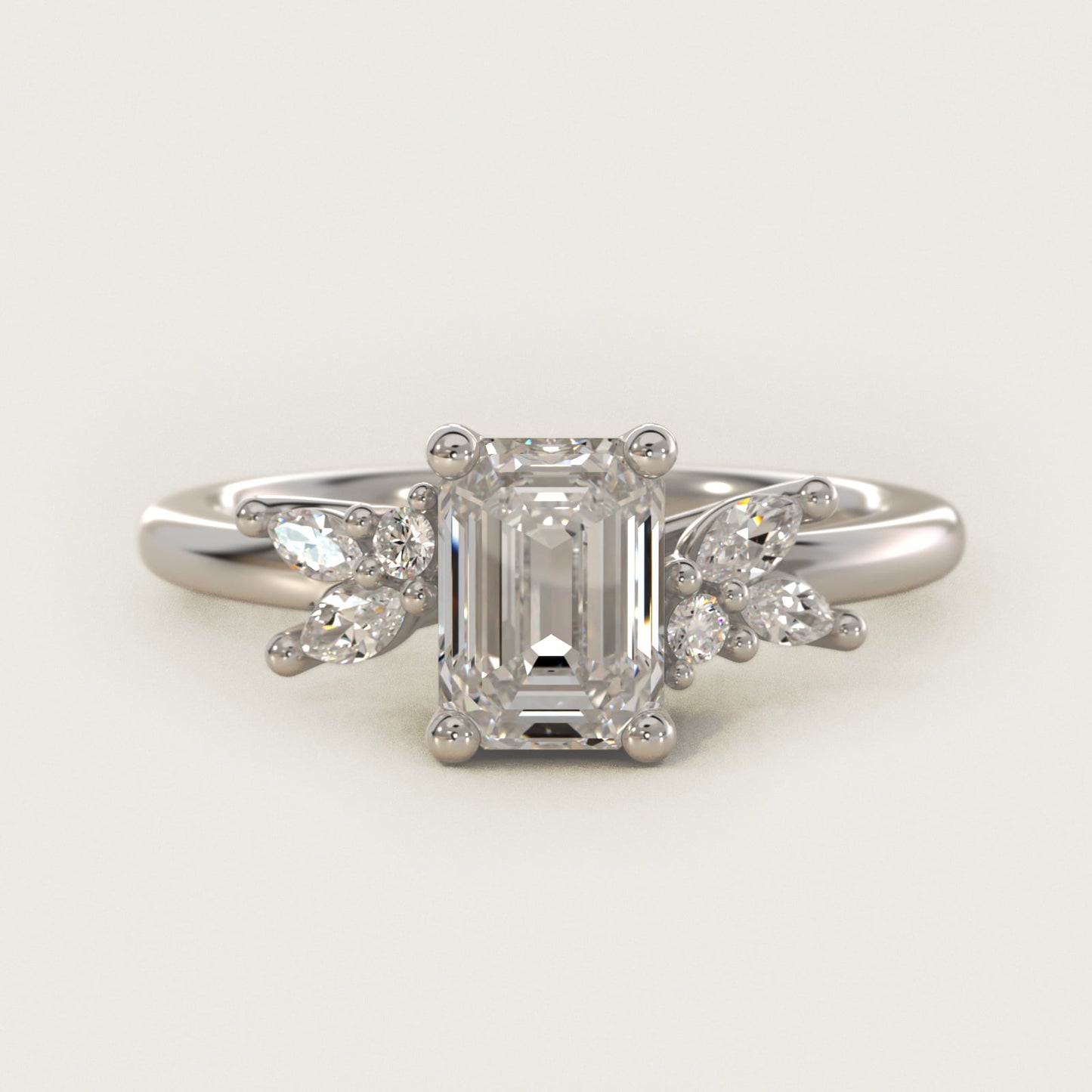 Marquise and Round Cluster Array Diamond Engagement Ring in 18k White Gold - Emerald Center