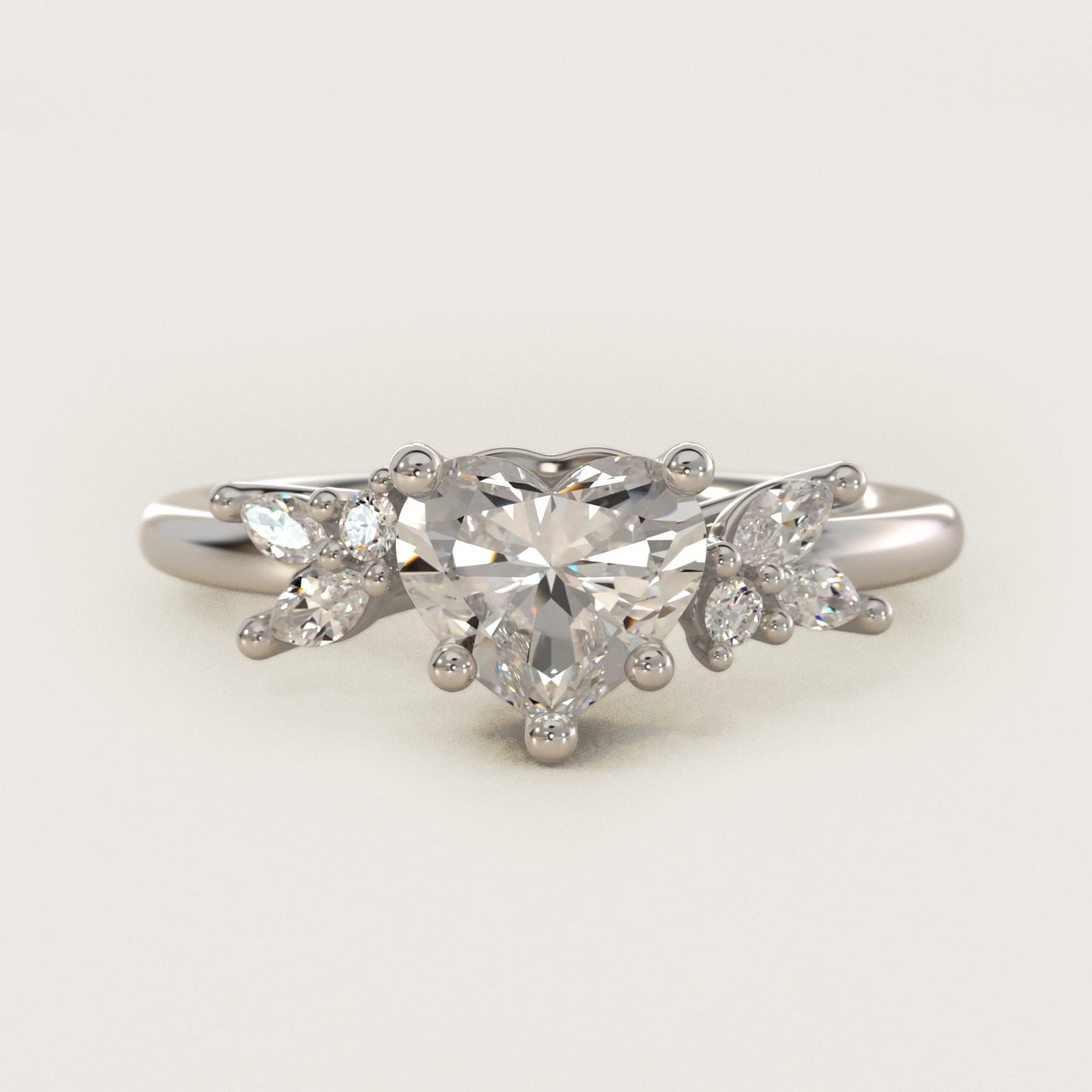 Marquise and Round Cluster Array Diamond Engagement Ring in 14k White Gold - Heart Center