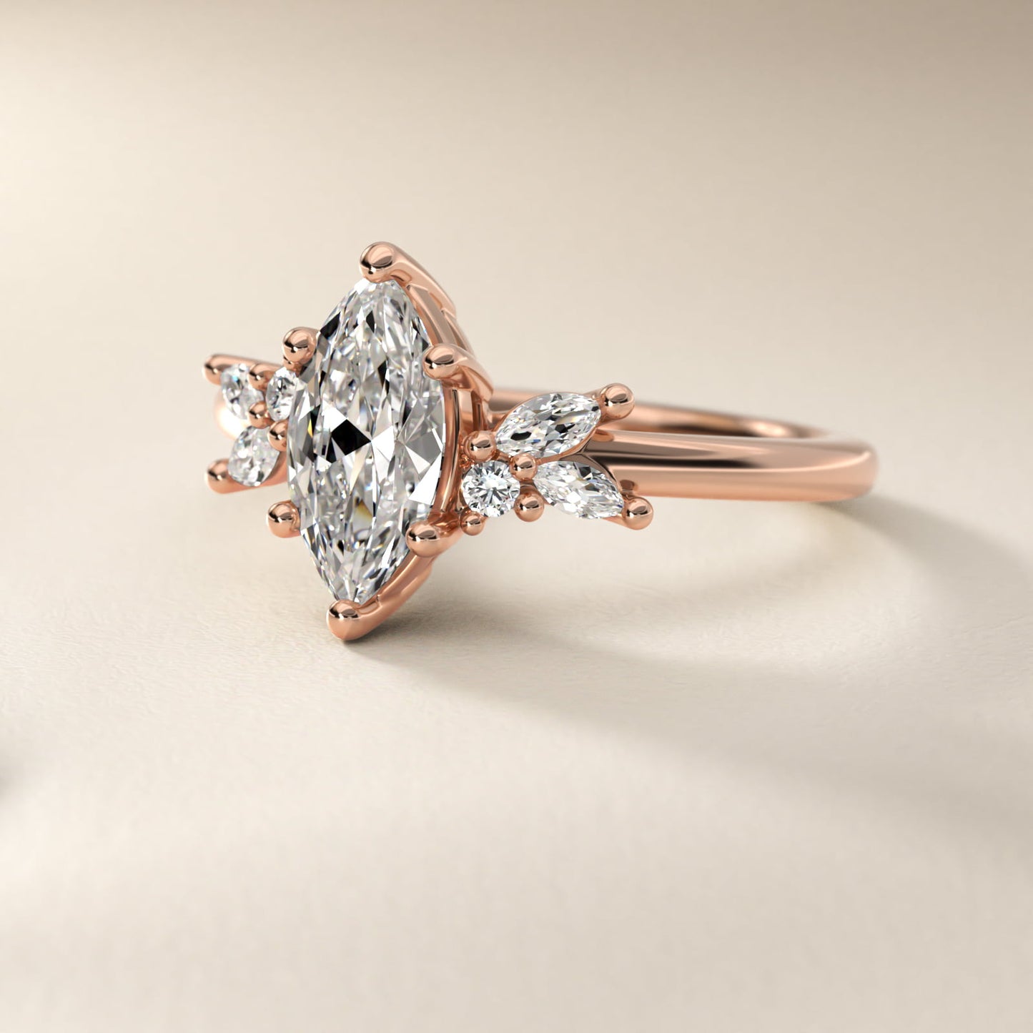 Marquise and Round Cluster Array Diamond Engagement Ring in 14k Rose Gold - Marquise Center