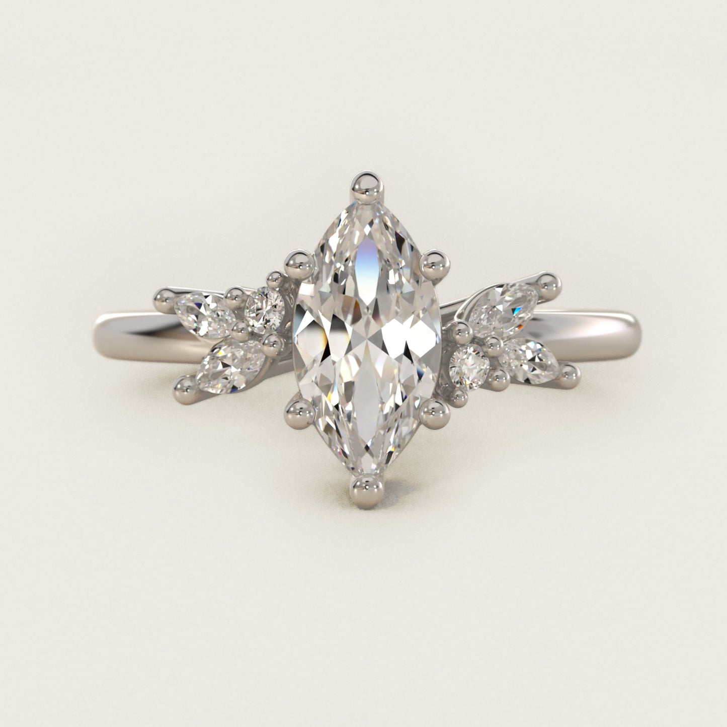 Marquise and Round Cluster Array Diamond Engagement Ring in 18k White Gold - Marquise Center