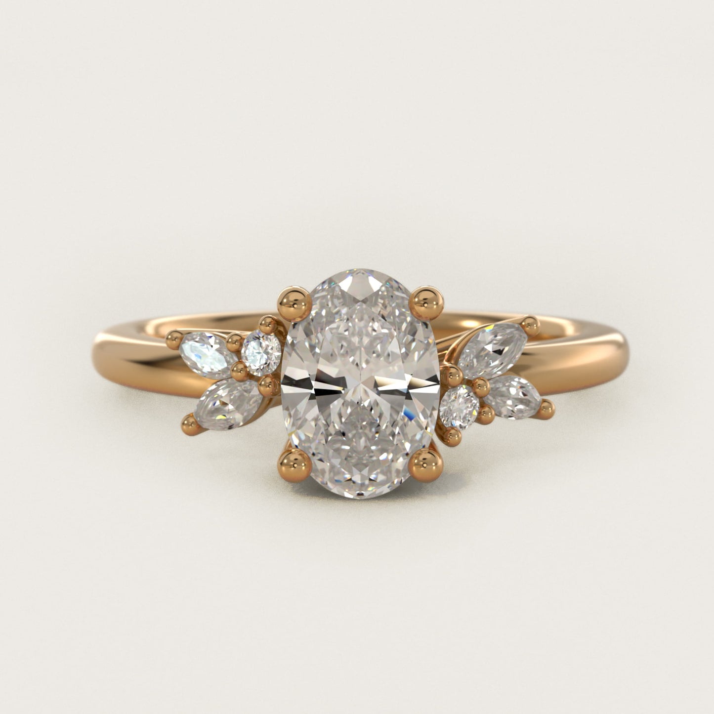 Marquise and Round Cluster Array Diamond Engagement Ring in 14k Yellow Gold - Oval Center