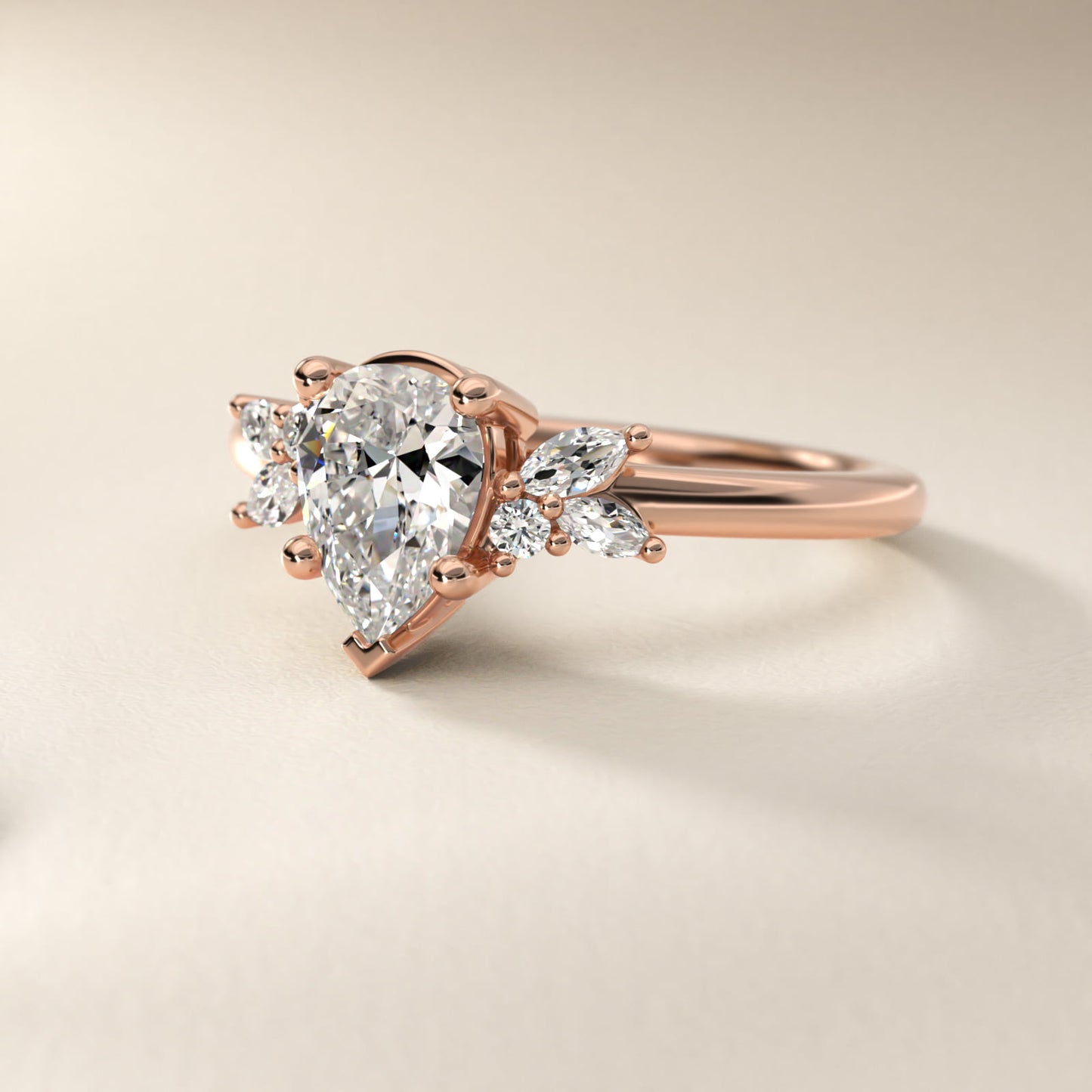 Marquise and Round Cluster Array Diamond Engagement Ring in 18k Rose Gold - Pear Center