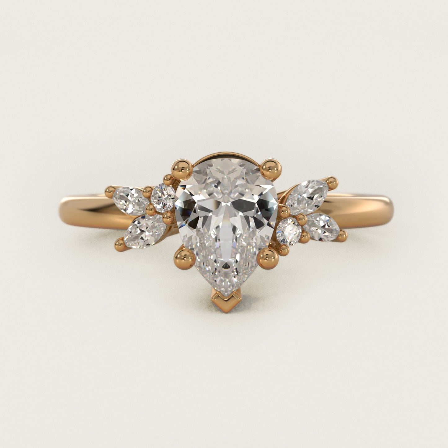 Marquise and Round Cluster Array Diamond Engagement Ring in 14k Yellow Gold - Pear Center