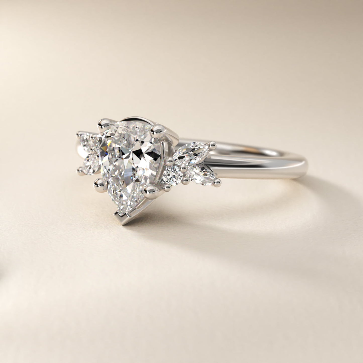Marquise and Round Cluster Array Diamond Engagement Ring in Platinum - Pear Center