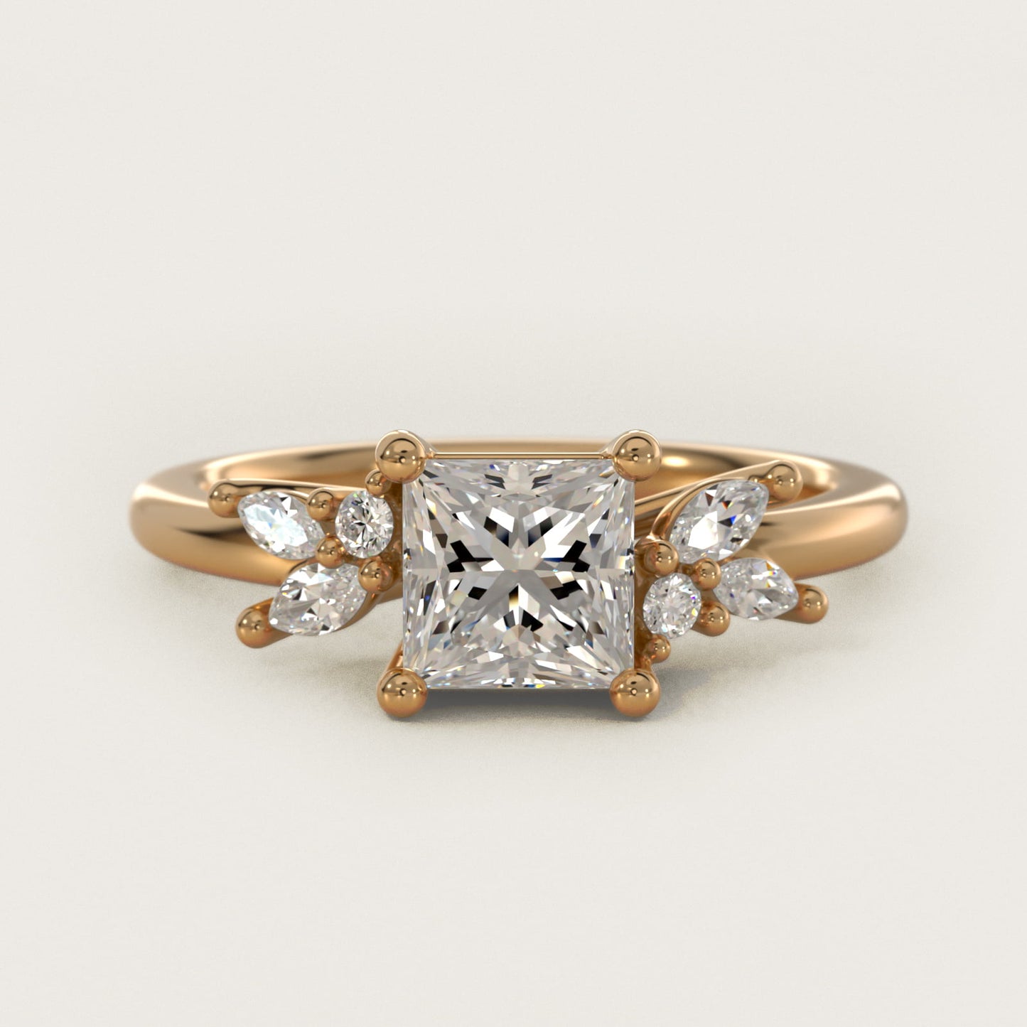 Marquise and Round Cluster Array Diamond Engagement Ring in 18k Yellow Gold - Princess Center